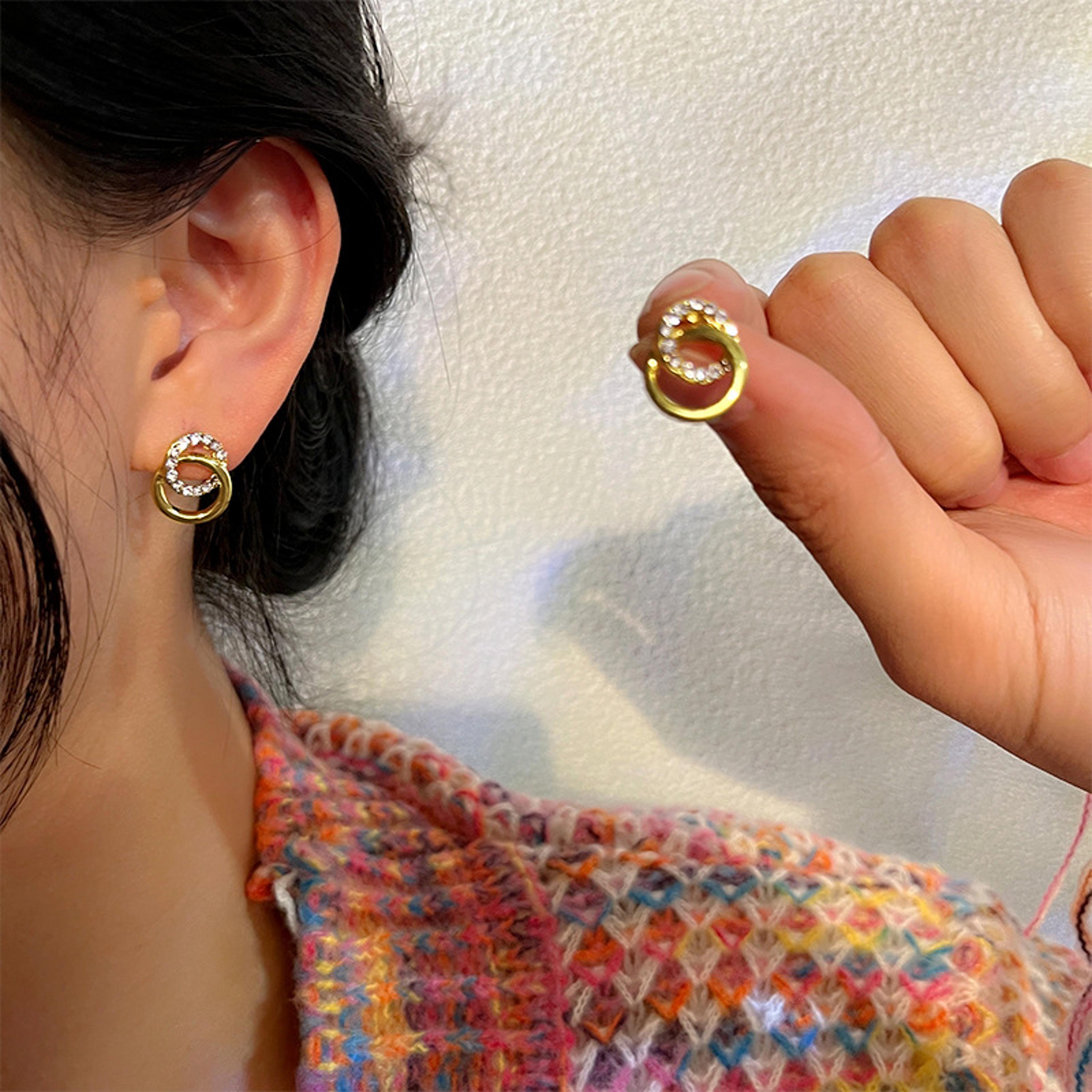 gold double hoop geometric rhinestone stud earrings for women light luxury fashion jewelry