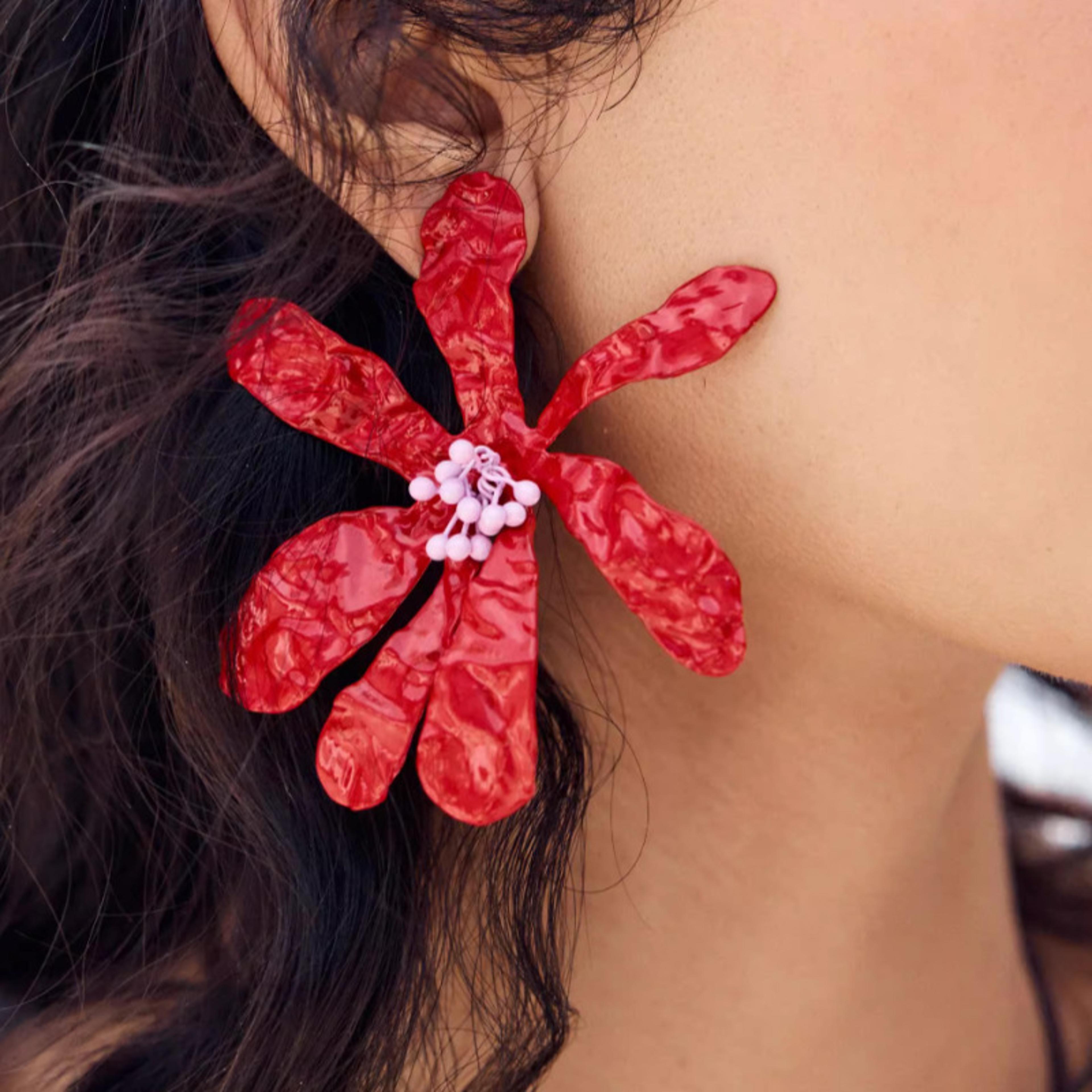 vintage red enamel floral statement earrings oversized romantic flower jewelry for women