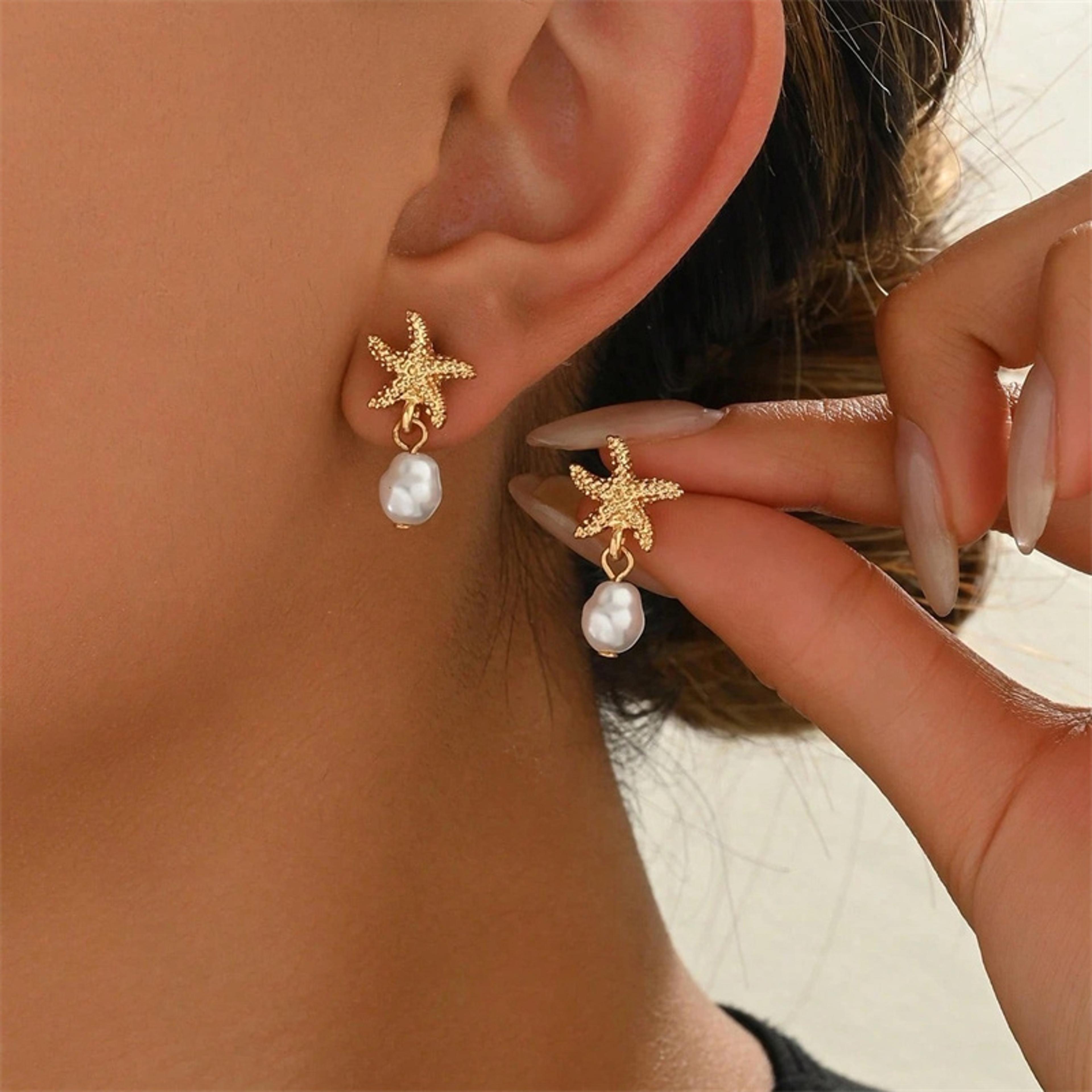 vintage starfish pearl drop earrings gold shell beach jewelry for women trendy summer style