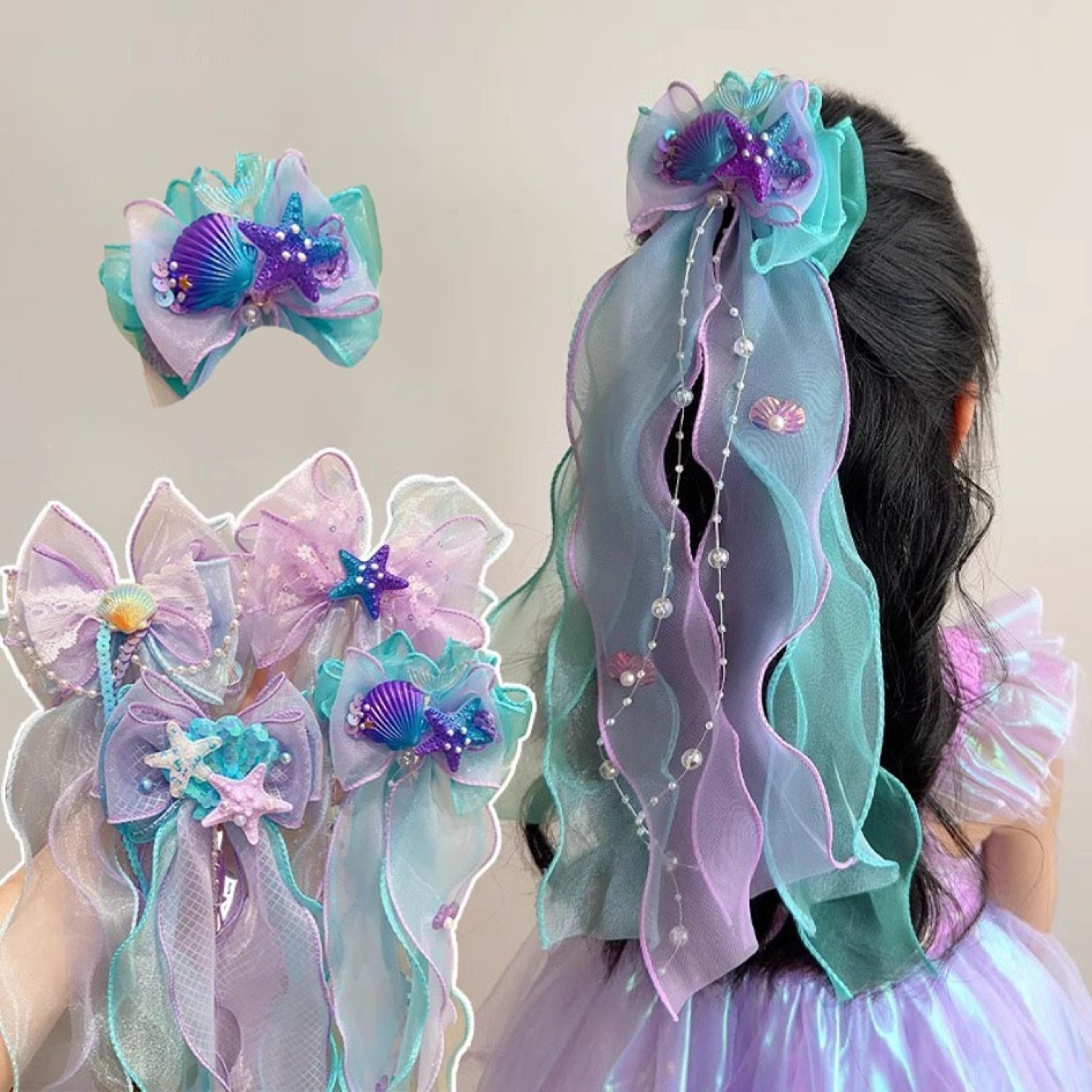 mermaid princess bow hair clip for girls braided tulle hair accessory