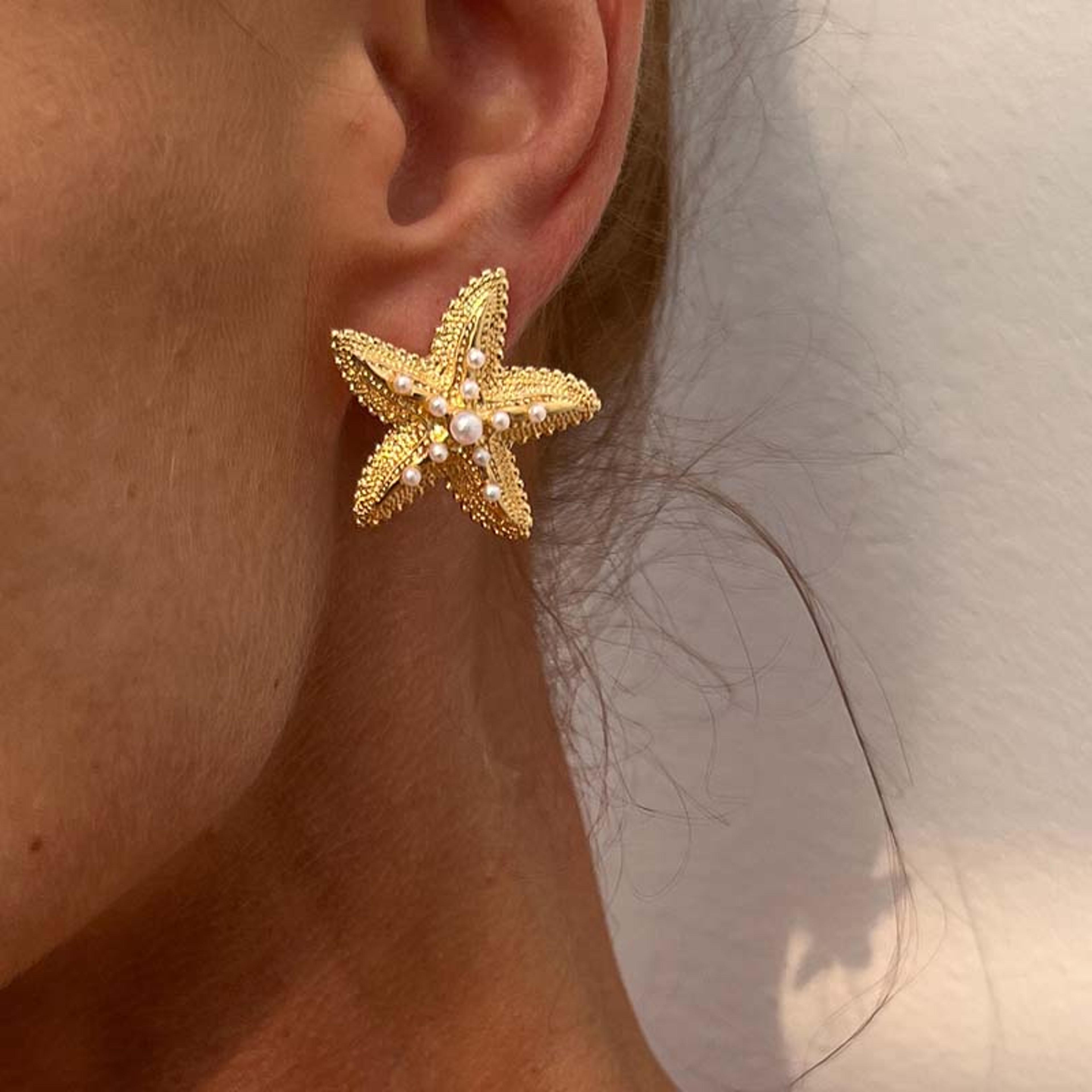 pearl starfish stud earrings for women gold beach earrings with coastal charm