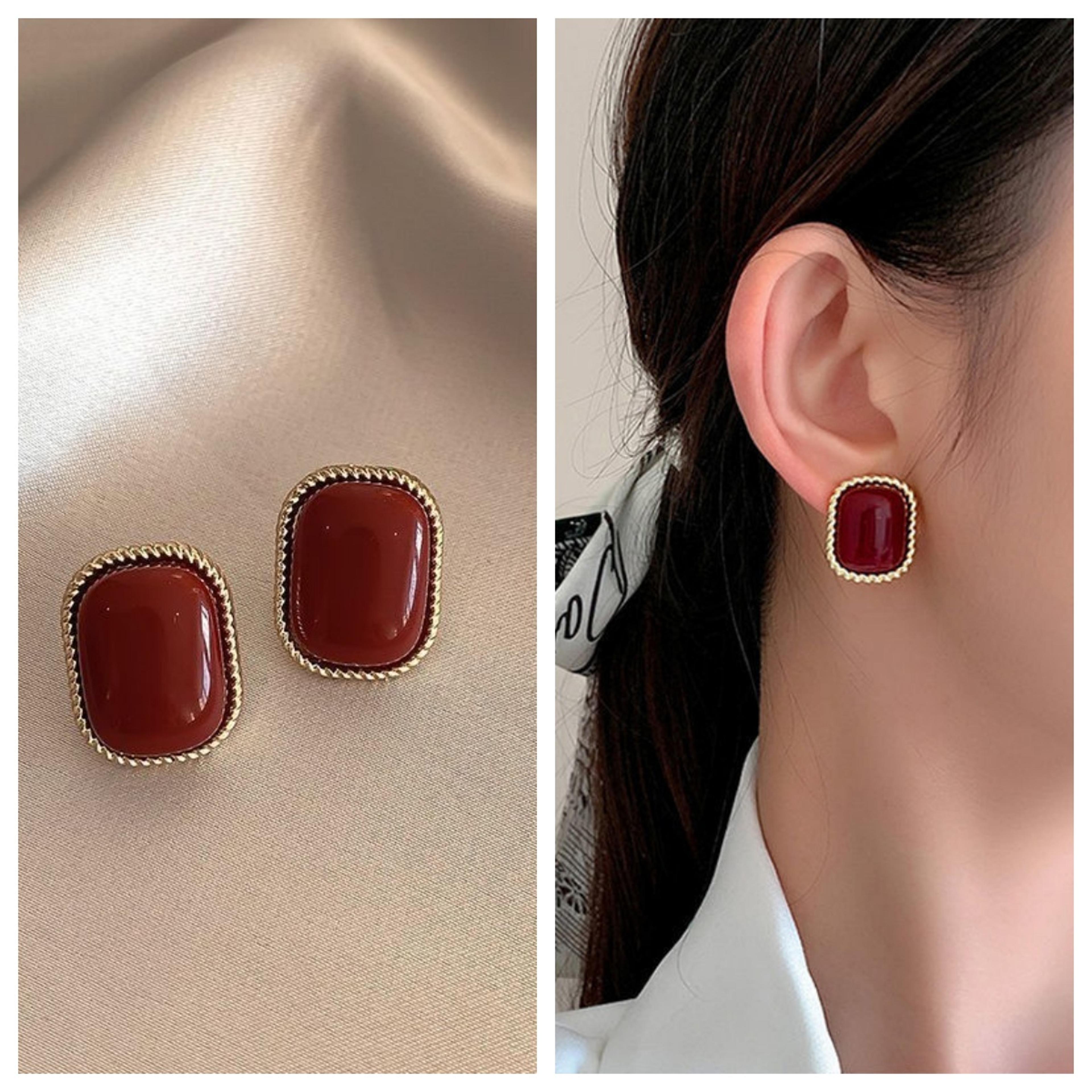 vintage burgundy pearl flower stud earrings for women elegant gold tone enamel earrings
