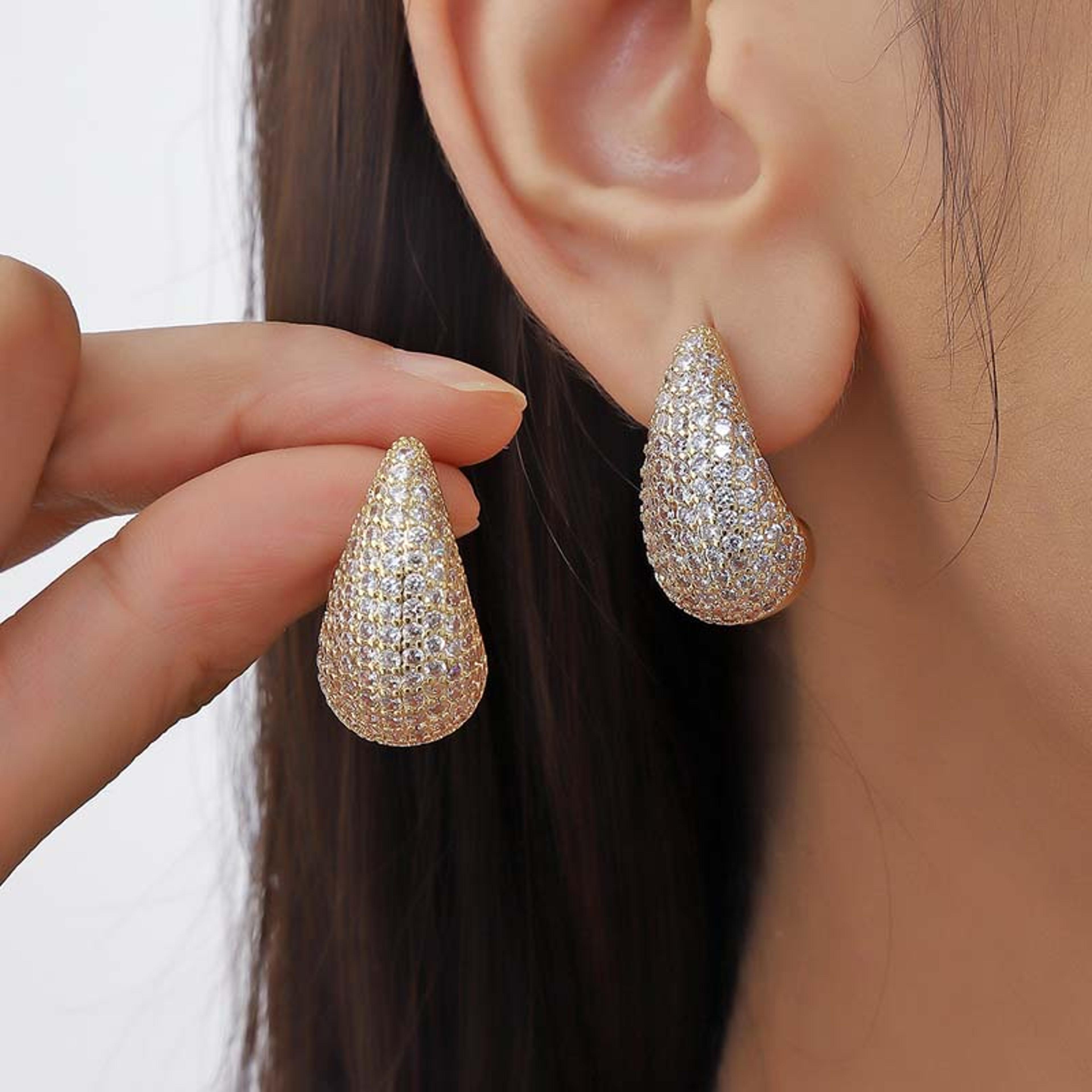 luxe teardrop zircon gold stud earrings for weddings & special occasions
