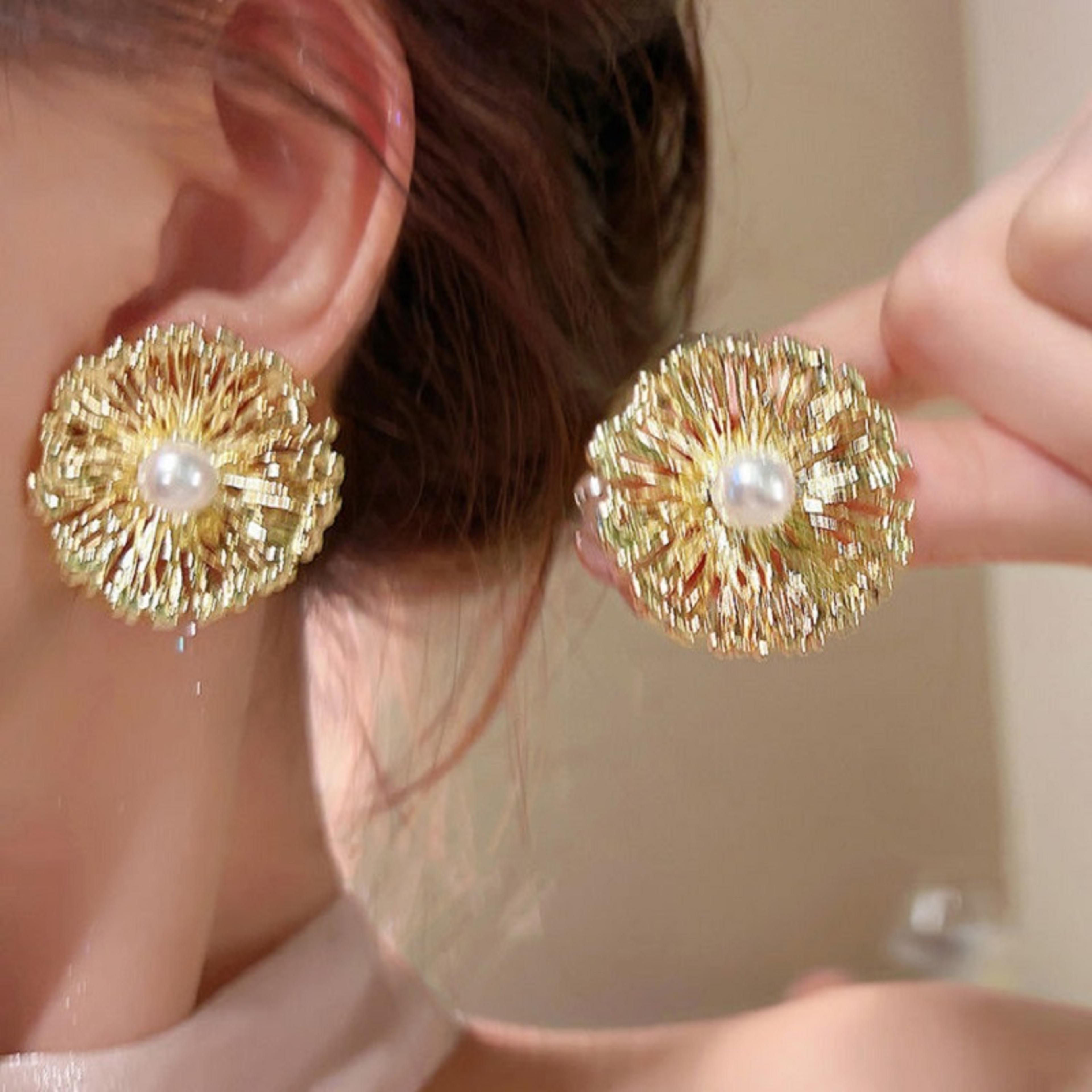 golden bloom pearl flower stud earrings for women elegant floral statement jewelry