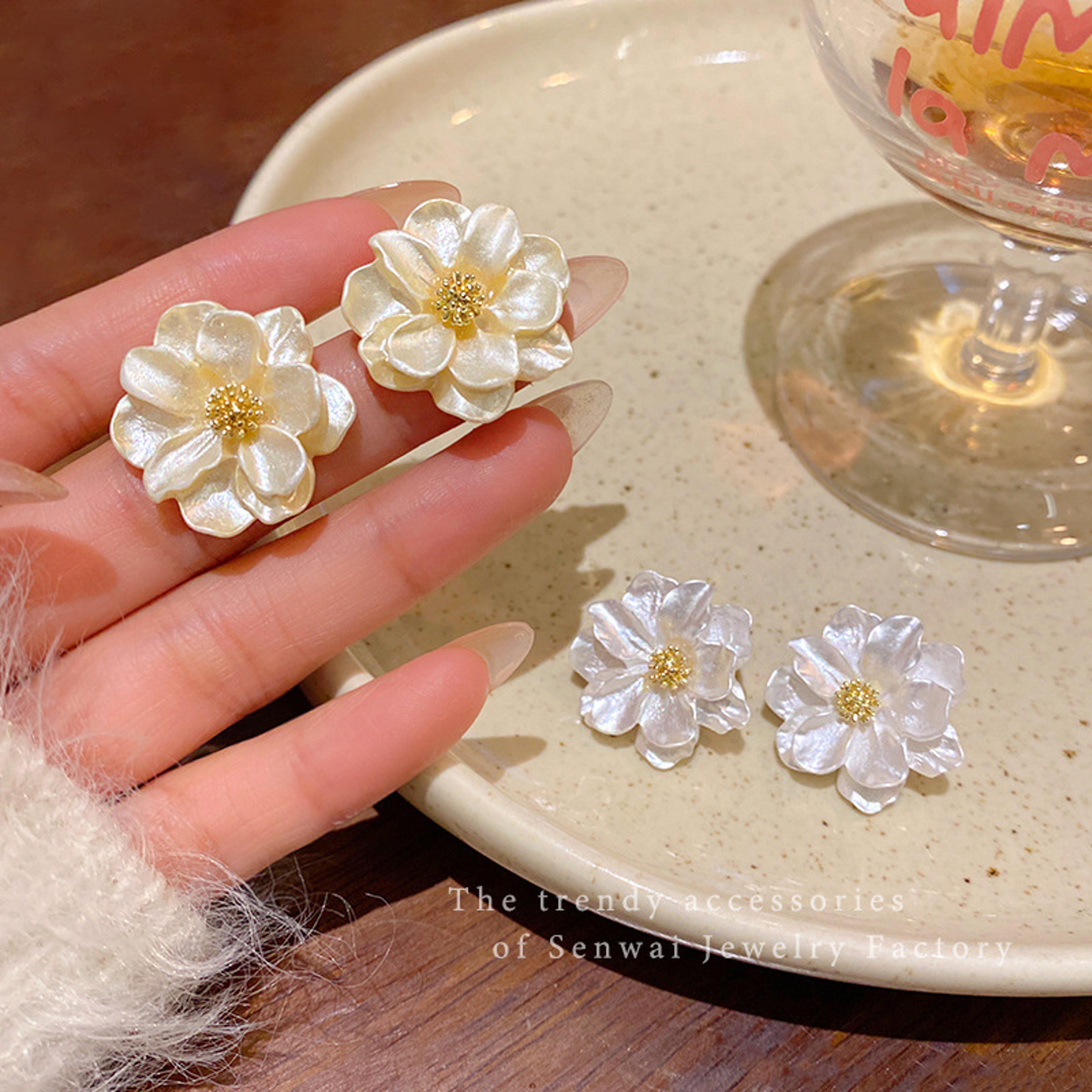 camellia flower stud earrings for women elegant white resin statement jewelry