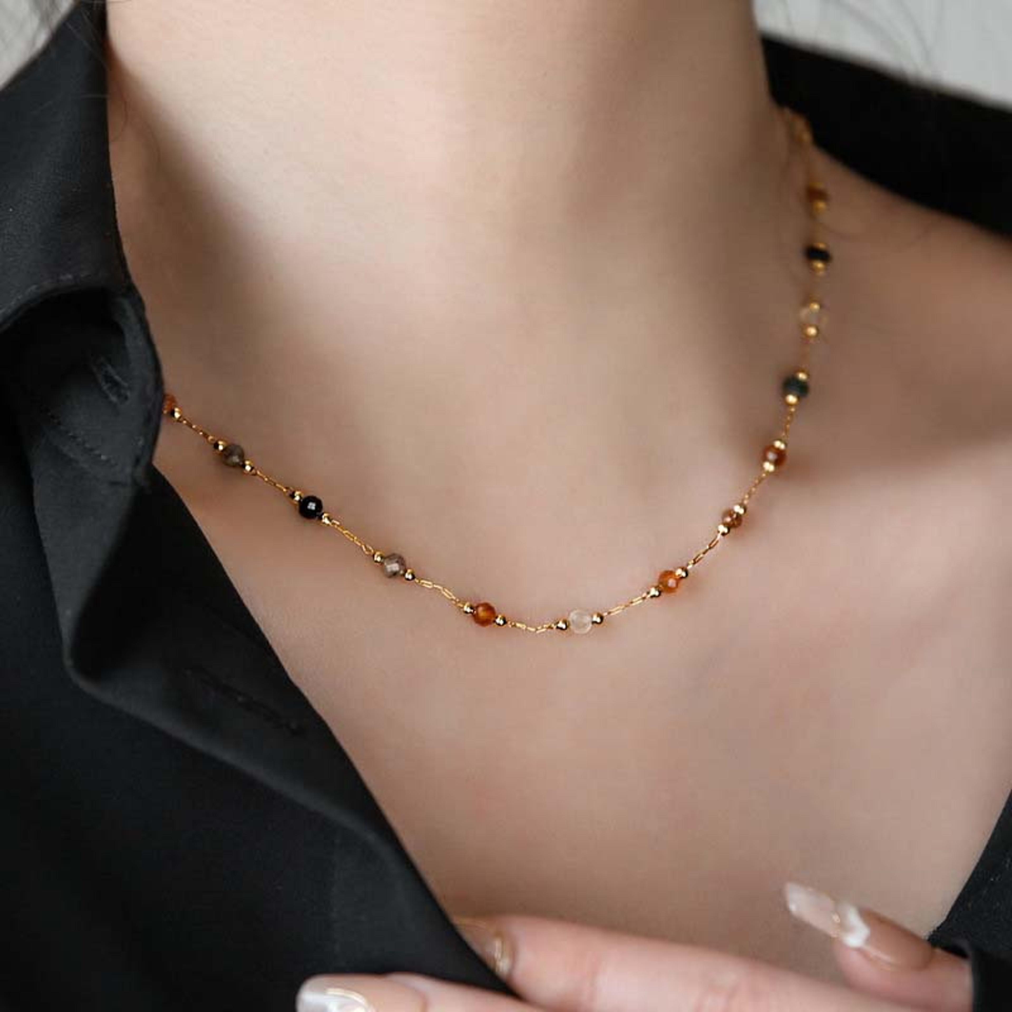 colorful natural stone beaded necklace set with gold stainless steel chain for women
