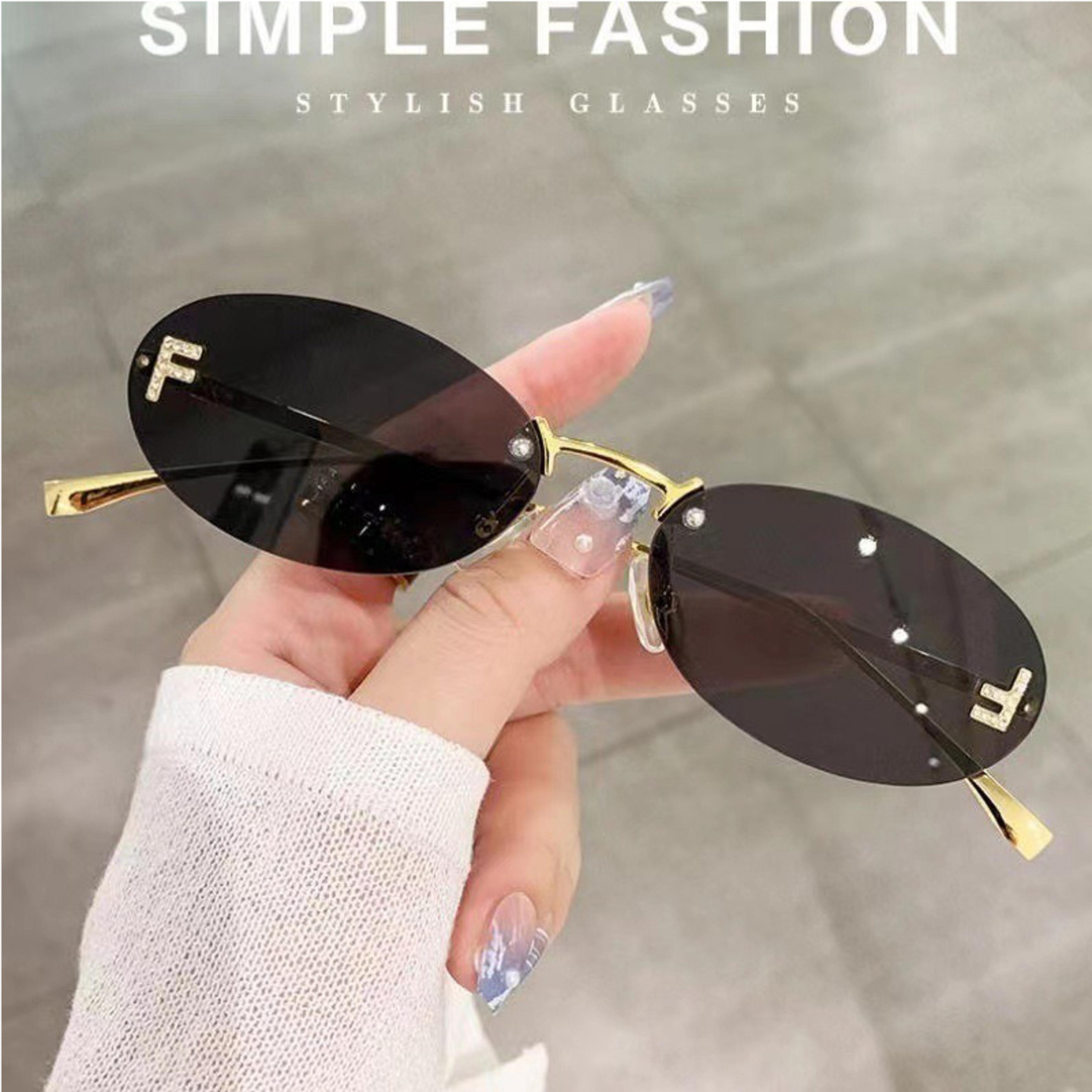 diamond f rimless oval sunglasses luxury metal frame shades