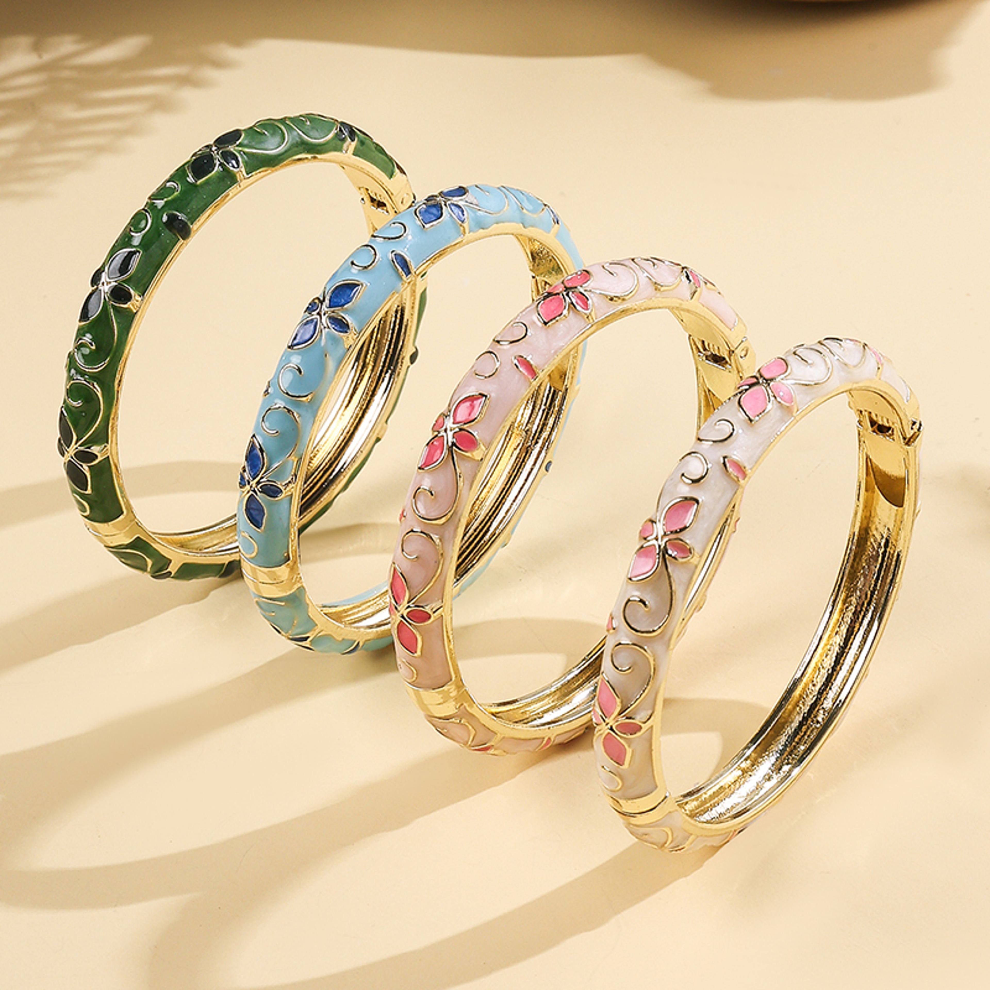 vintage gold enamel bracelet with cloisonne floral design for women elegant retro bangle gift