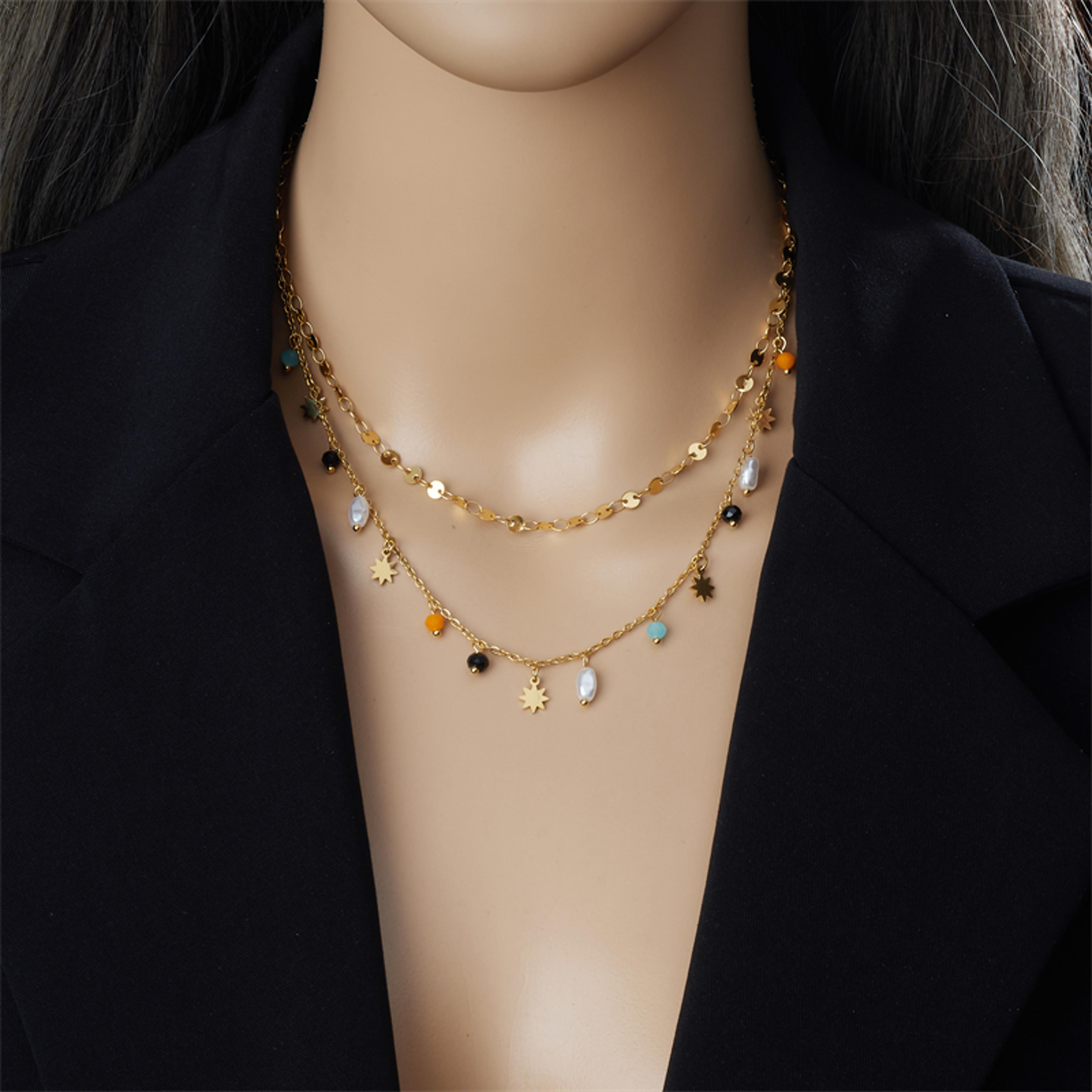 celestial pearl stainless steel necklace with gold star pentacle pendant