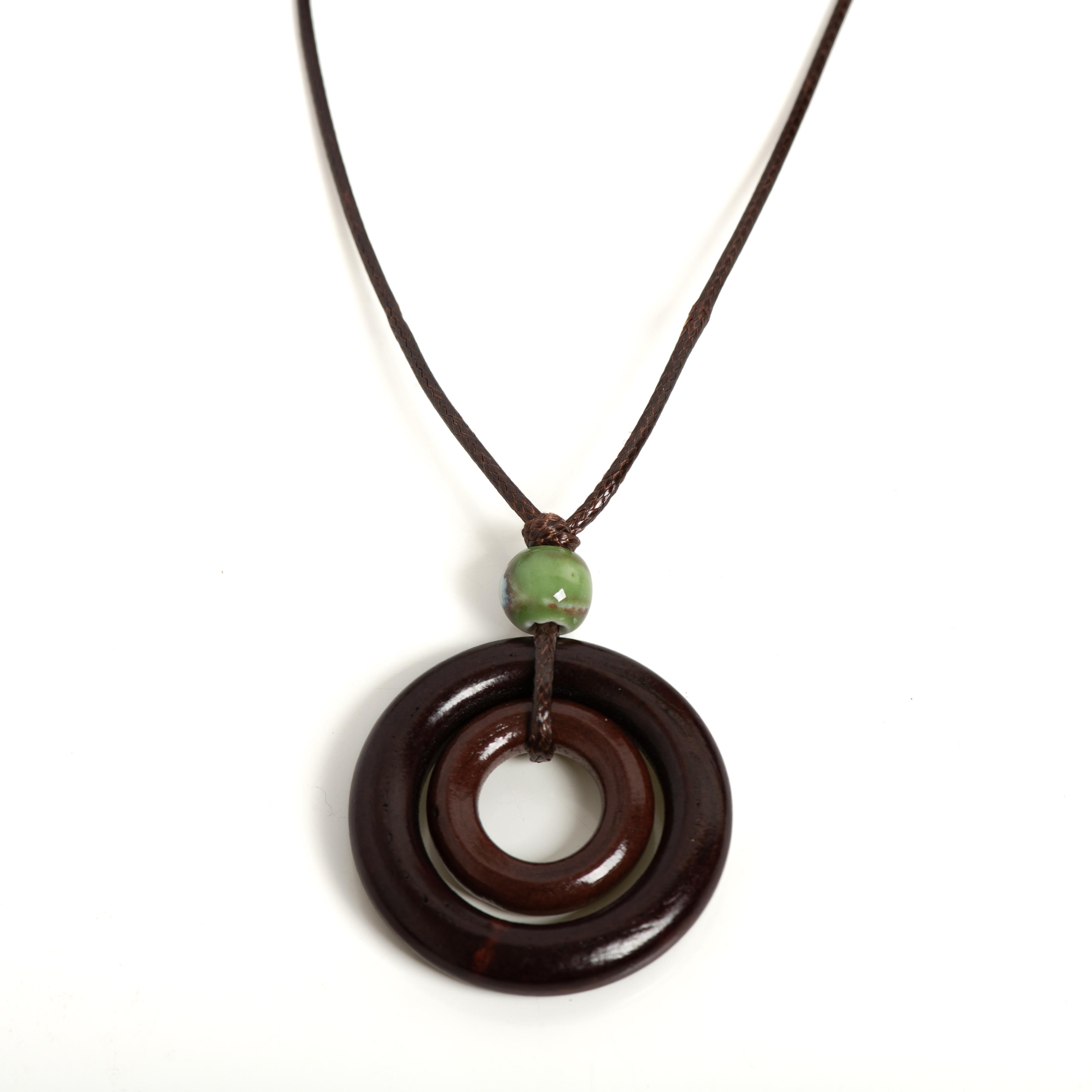 rustic bohemian necklace with handmade wooden & ceramic pendant adjustable cord