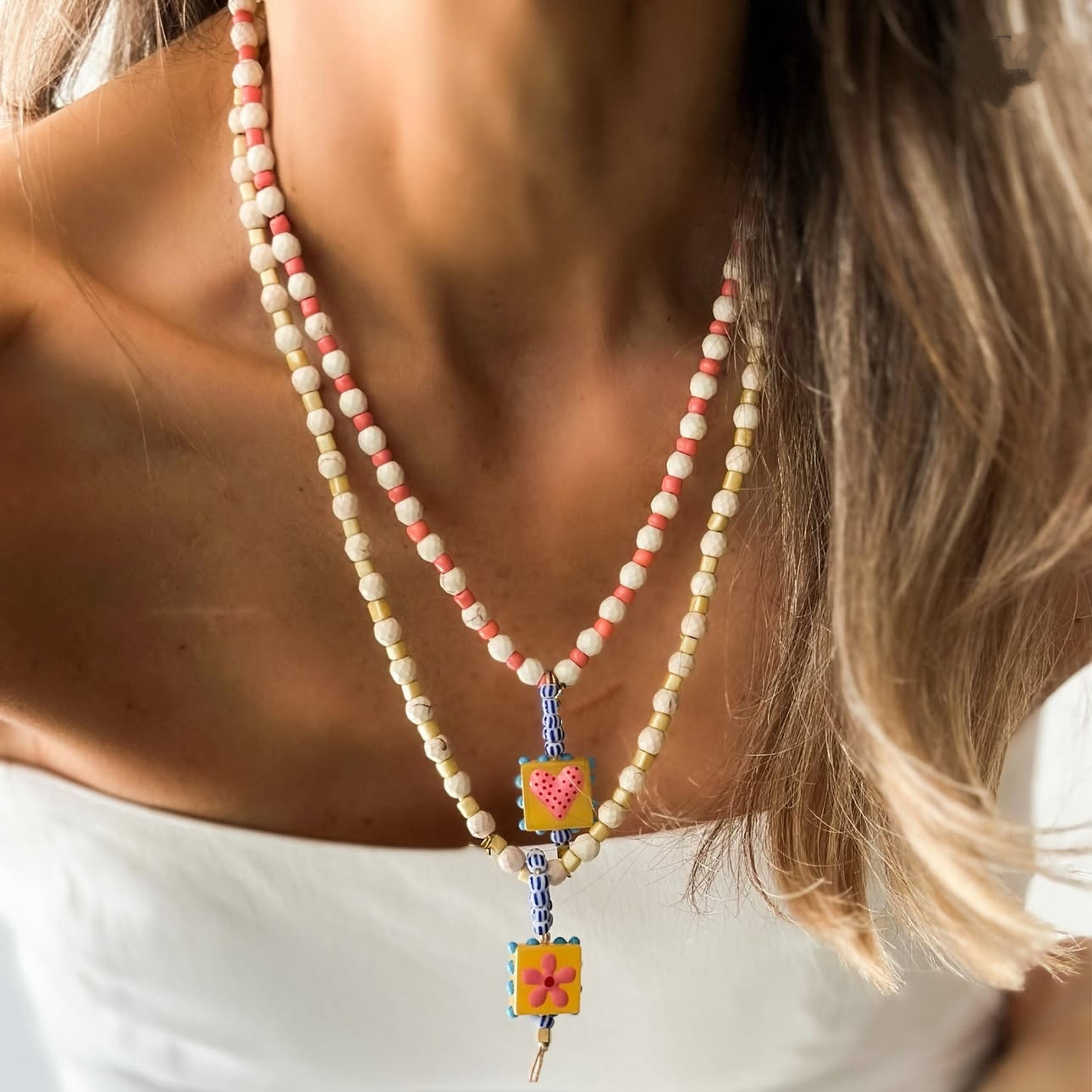 turquoise bead necklace with heart glass pendant for women