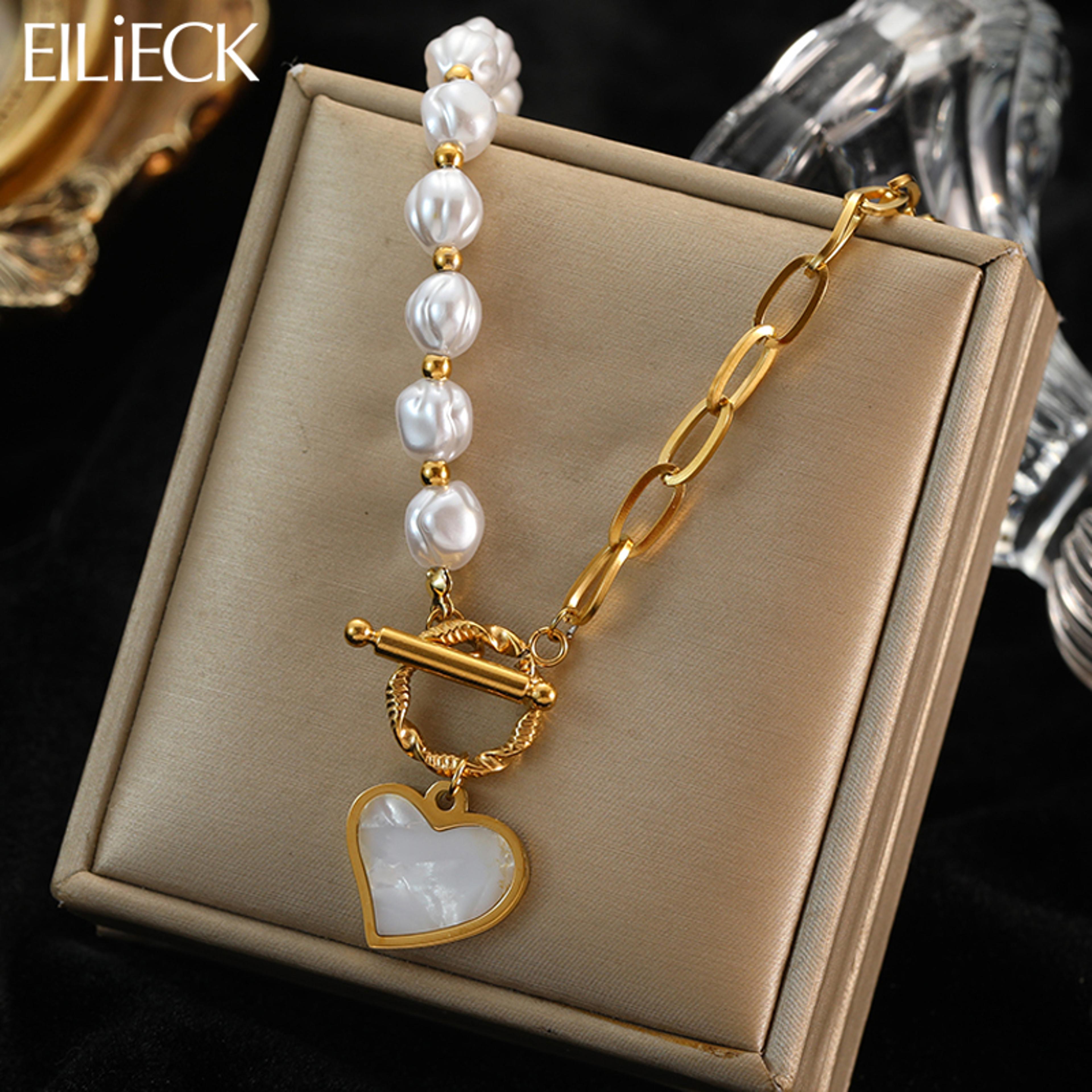 elegant heart pendant necklace with pearl stainless steel chain for women