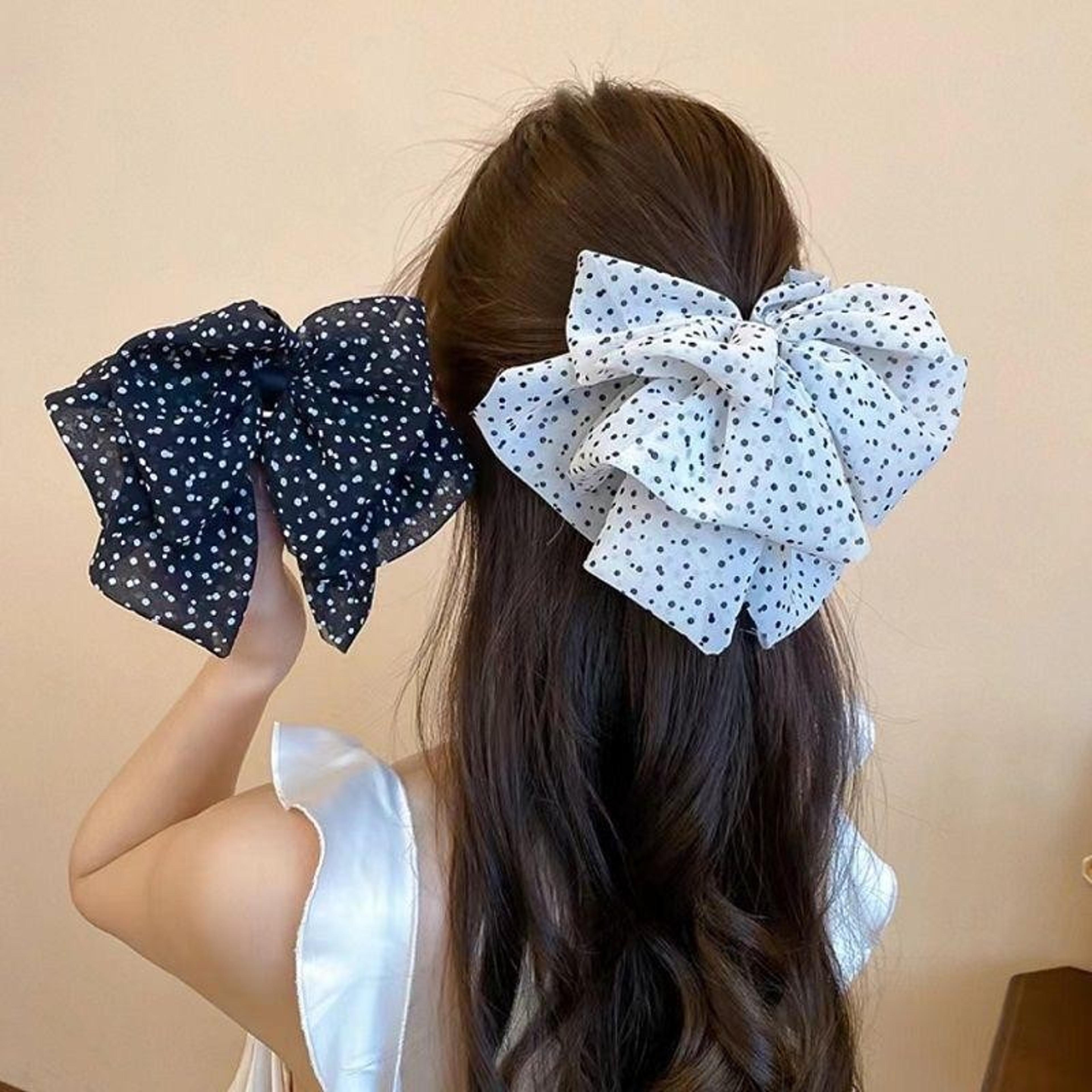 elegant big bow hair clip with polka dot mesh korean hair claw for women