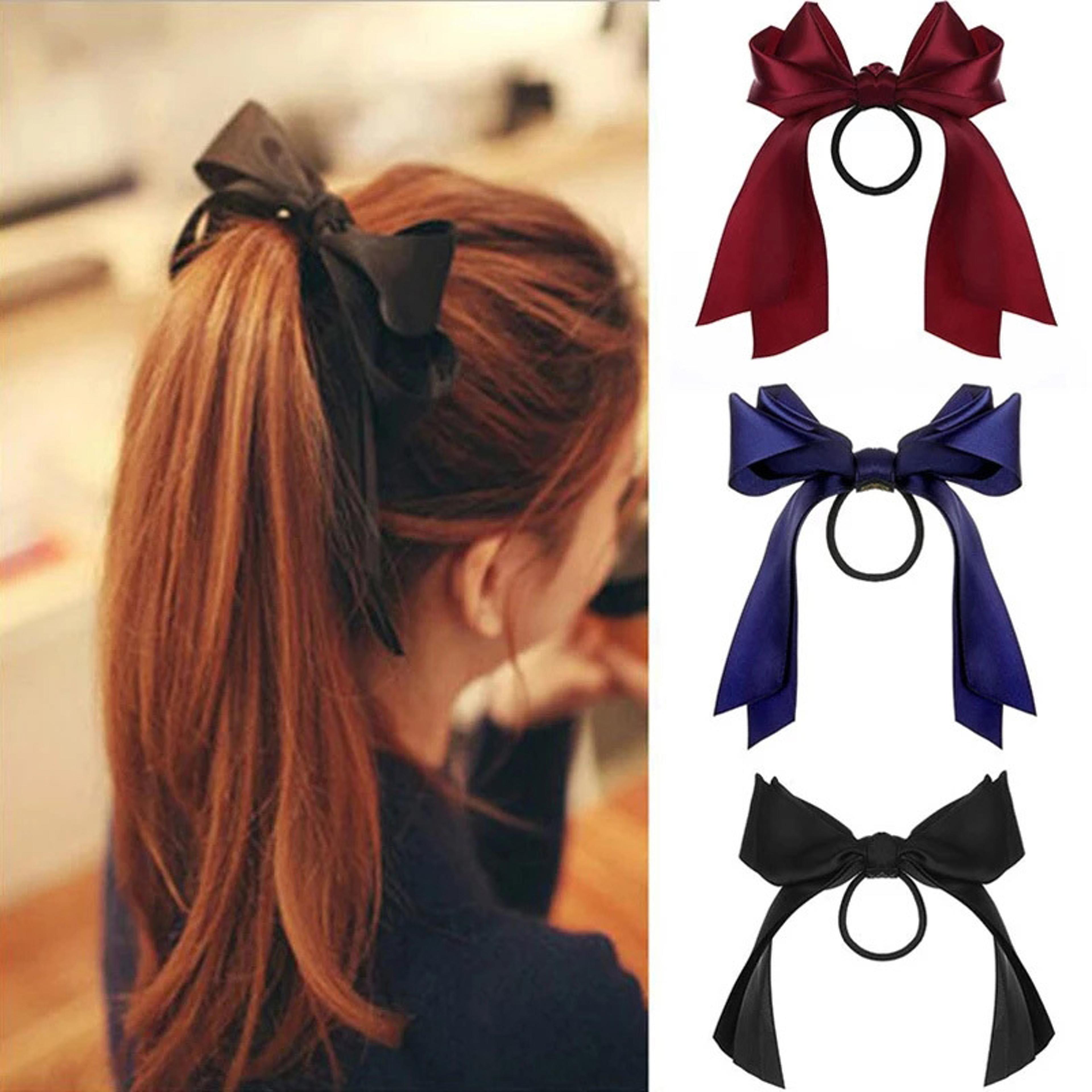 elegant satin bow hair tie long ribbon hair scrunchie for women & girls