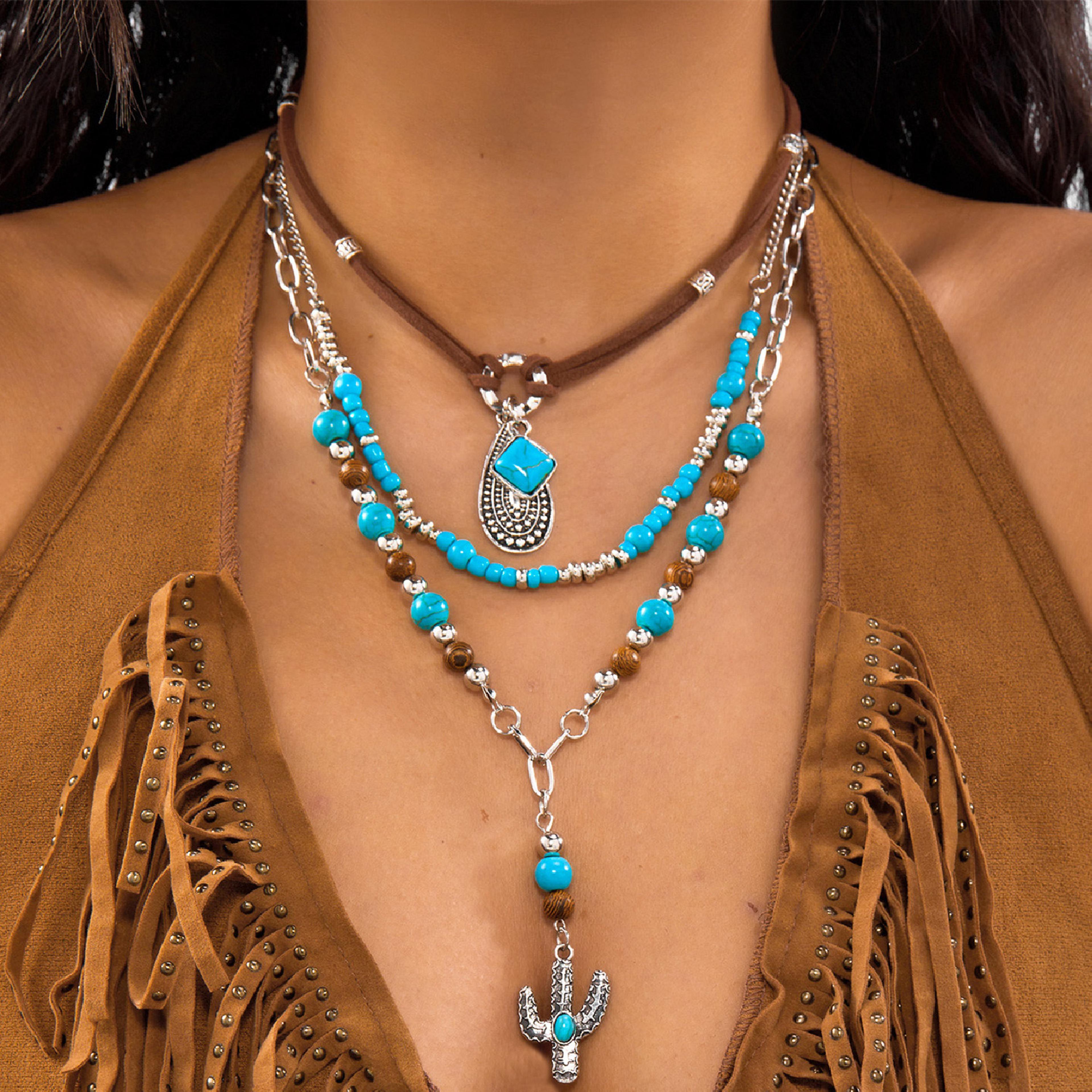 vintage western turquoise necklace with boho beads & cow skull cactus pendant