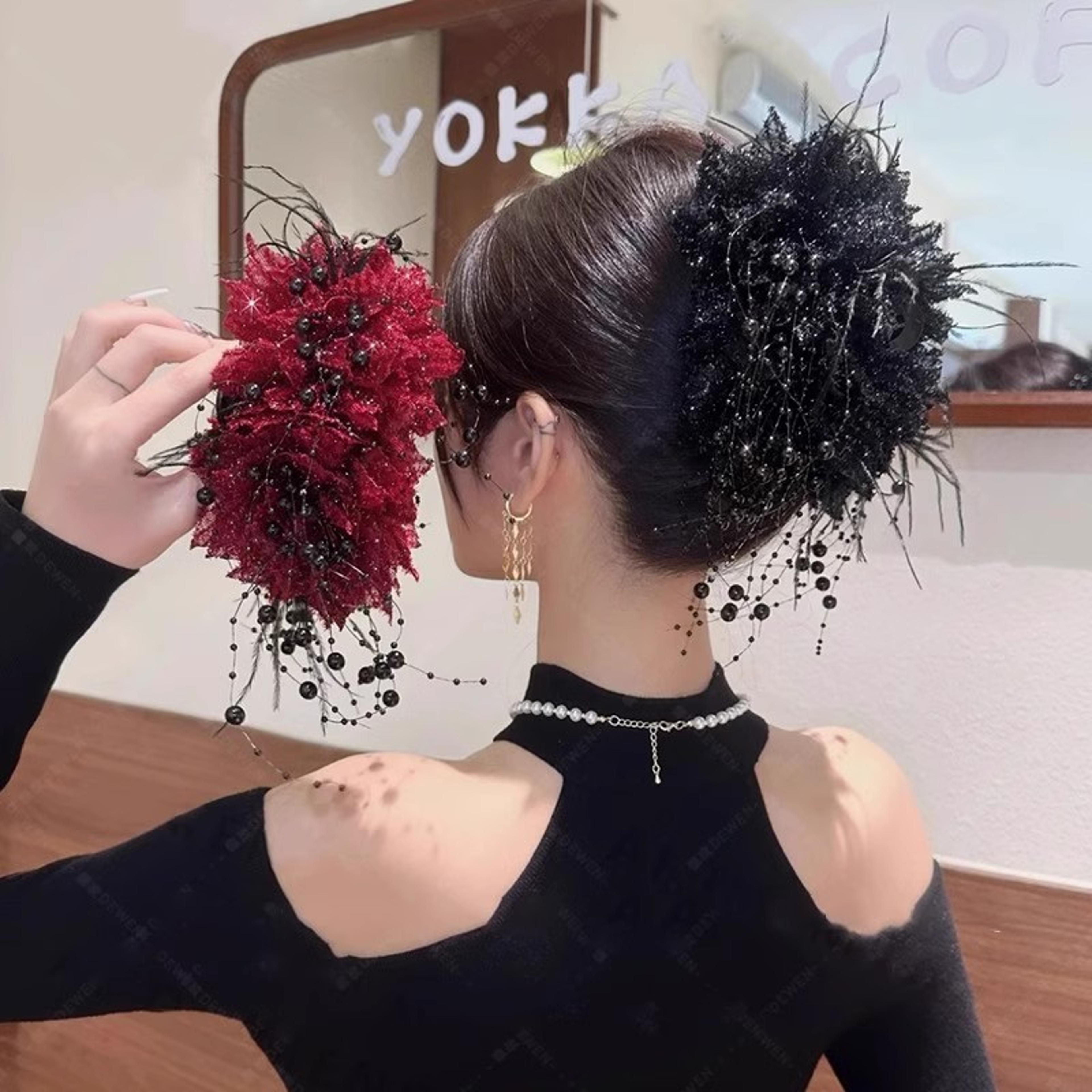 vintage flower hair claw with pearl & feather elegant hair clip for weddings, parties & everyday style