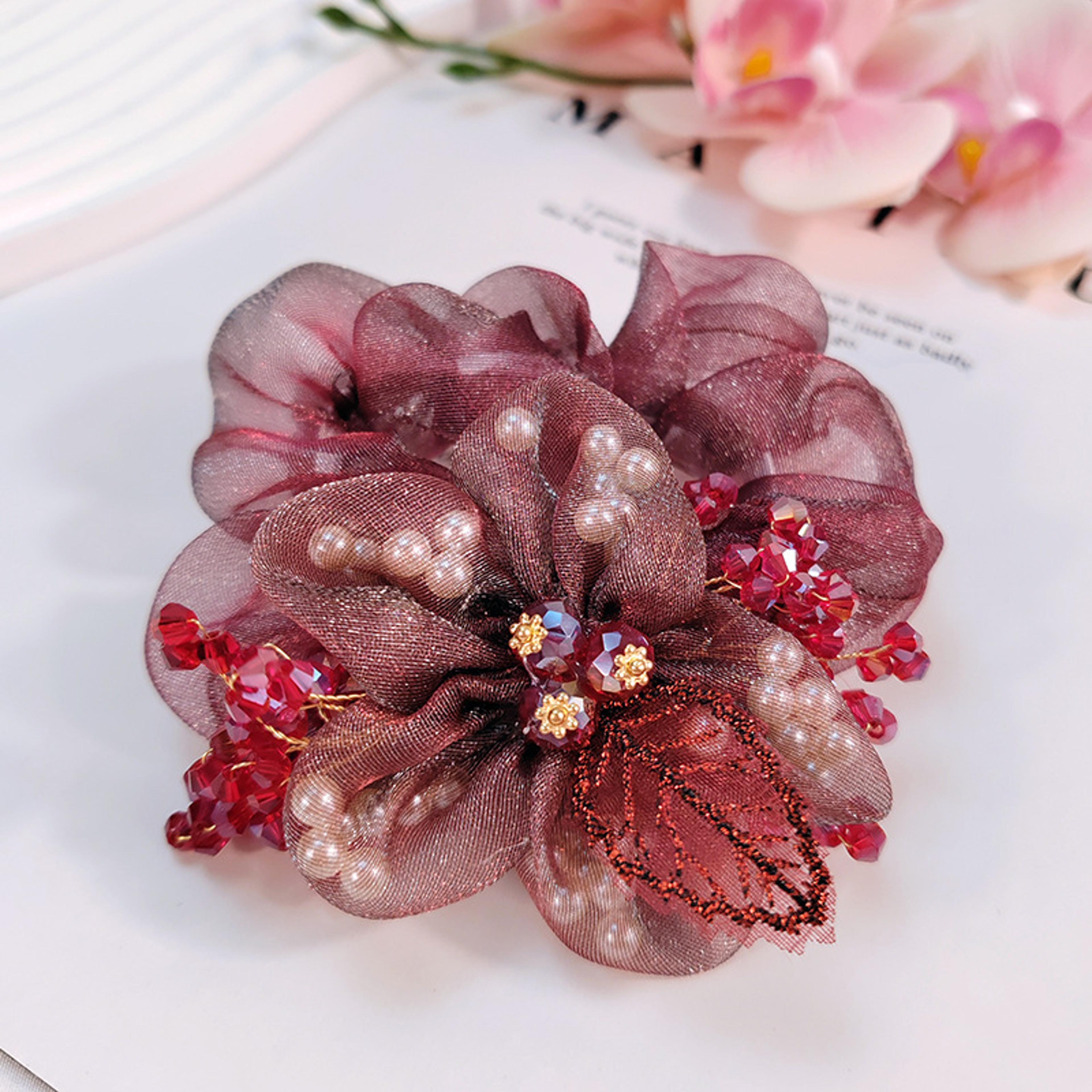 elegant organza hair scrunchie with crystal flower accent for women