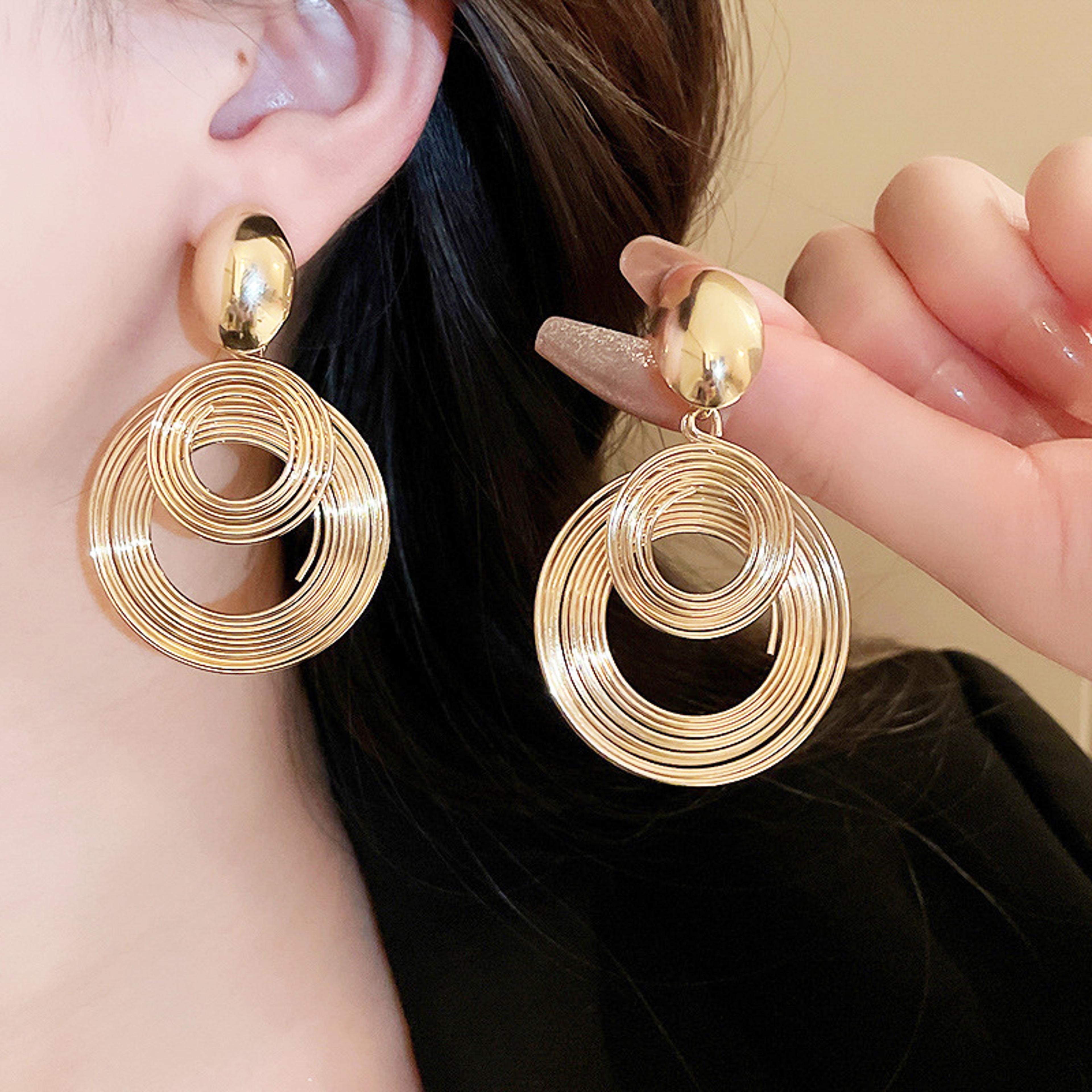 elegant spiral dangle earrings double circle drop earrings for women in gold or silver