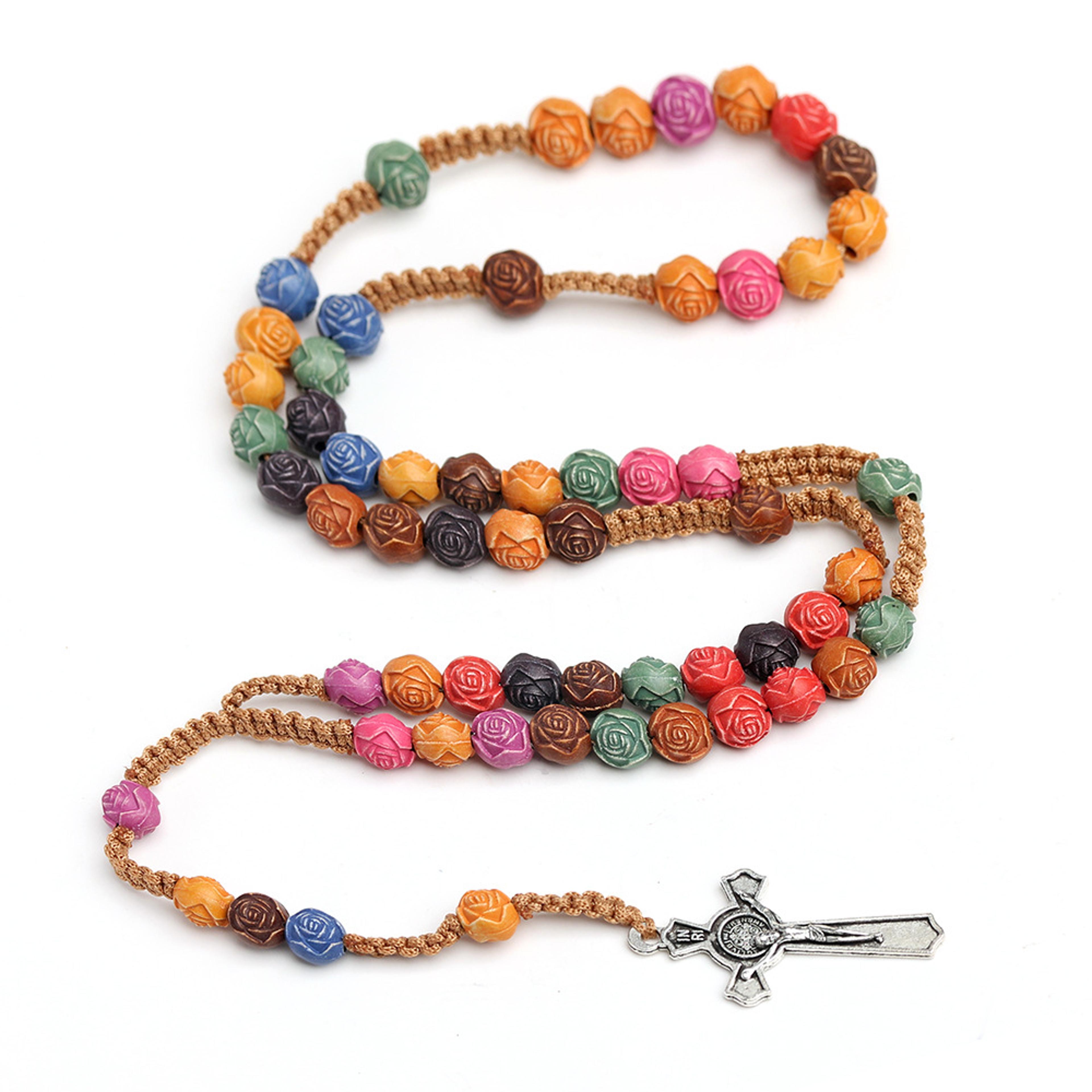 christian rose bead rosary necklace with crucifix pendant long cross chain