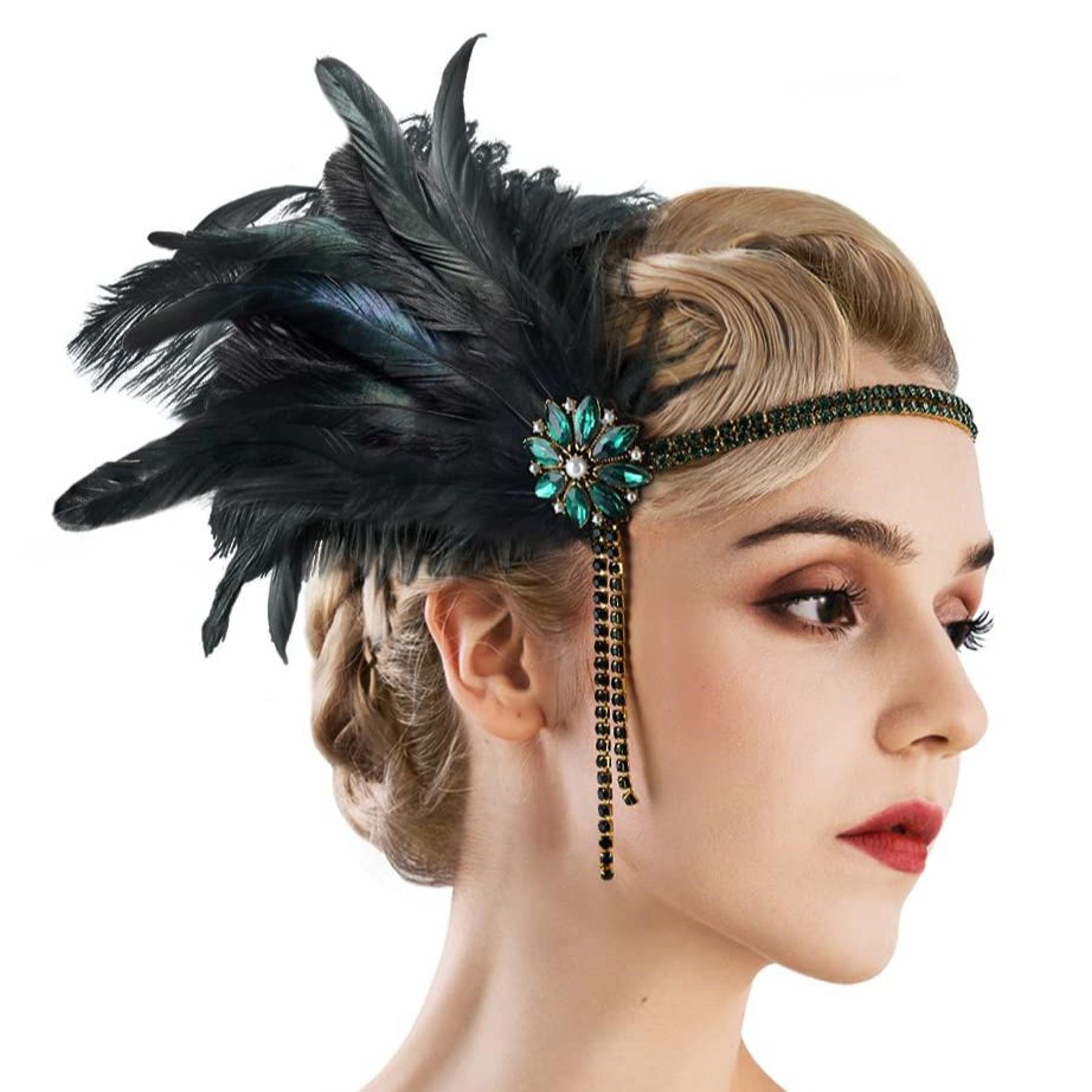 vintage gatsby headband rhinestone flapper feather hair accessory