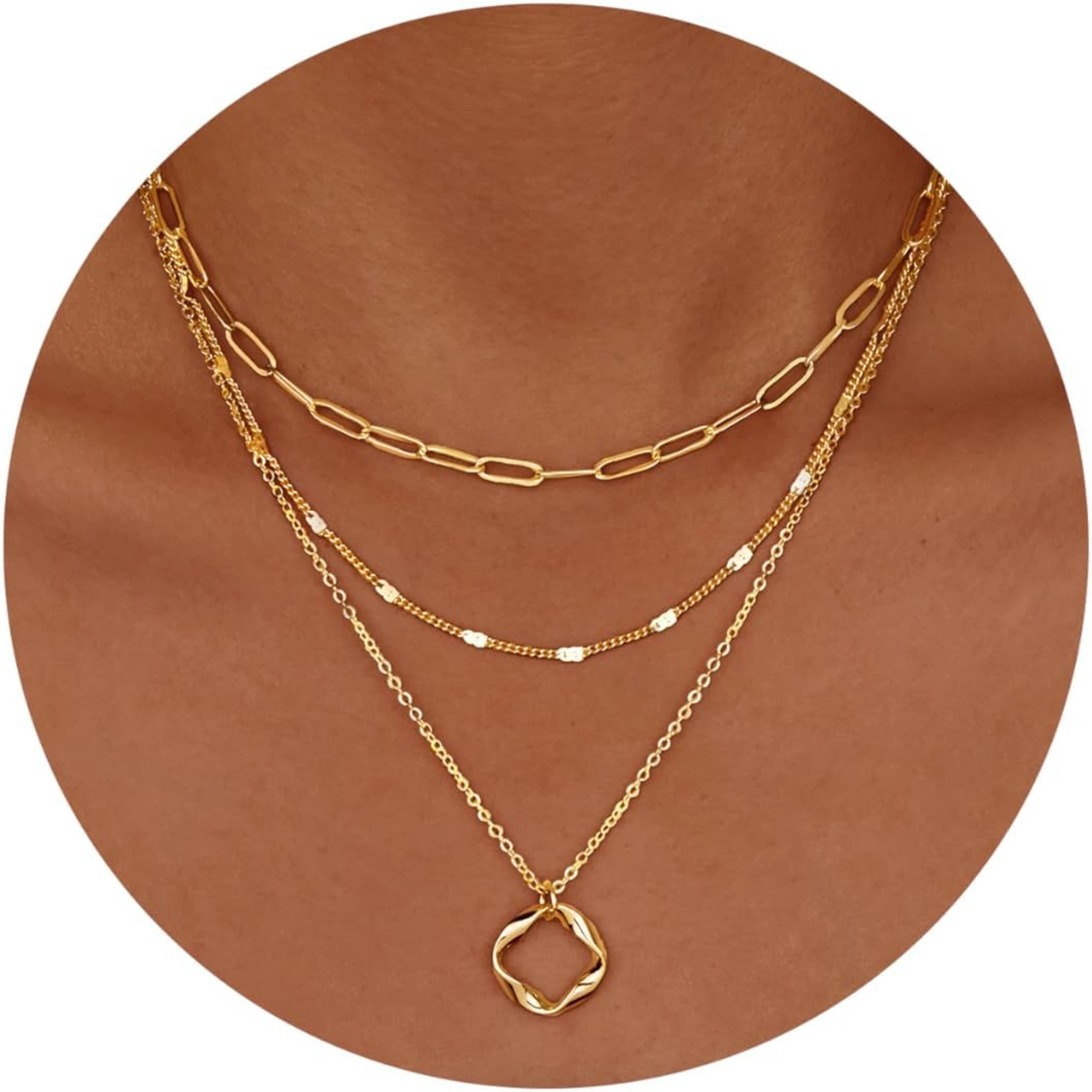 layered gold plated necklace set for women with paperclip chain & circle pendant choker