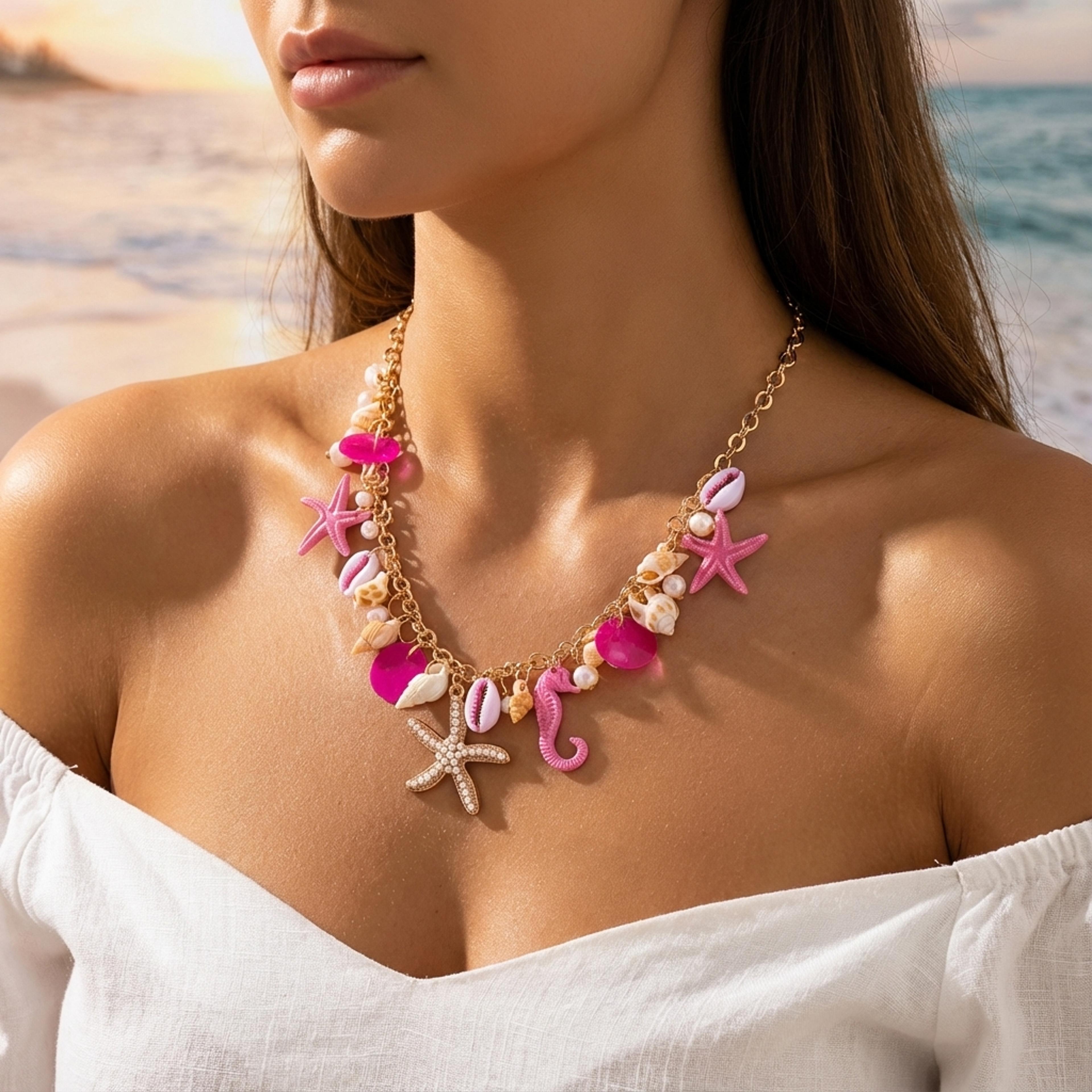 ocean theme starfish & seahorse pendant necklace for women gold jewelry