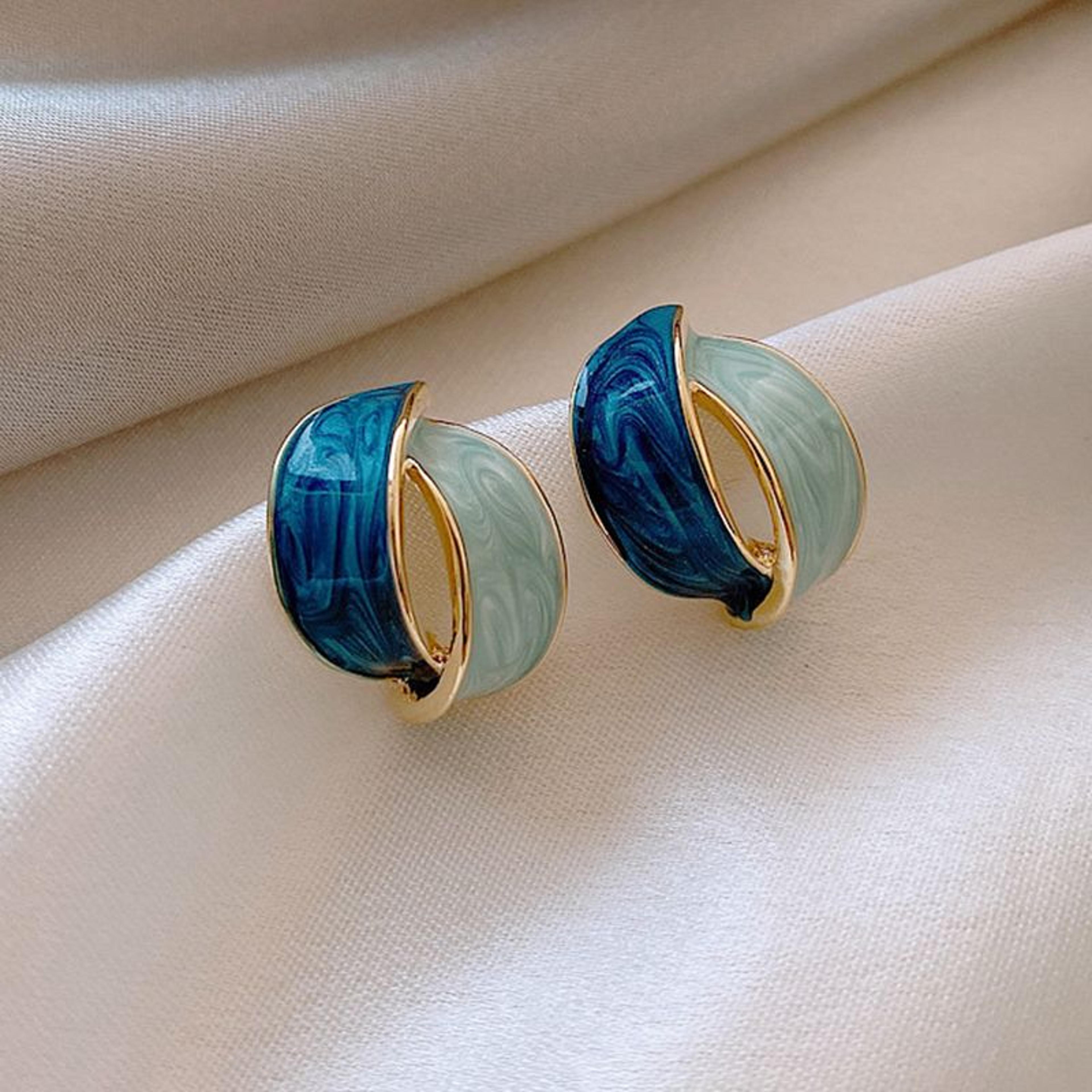 elegant geometric stud earrings with enamel leaf c-shape design for women
