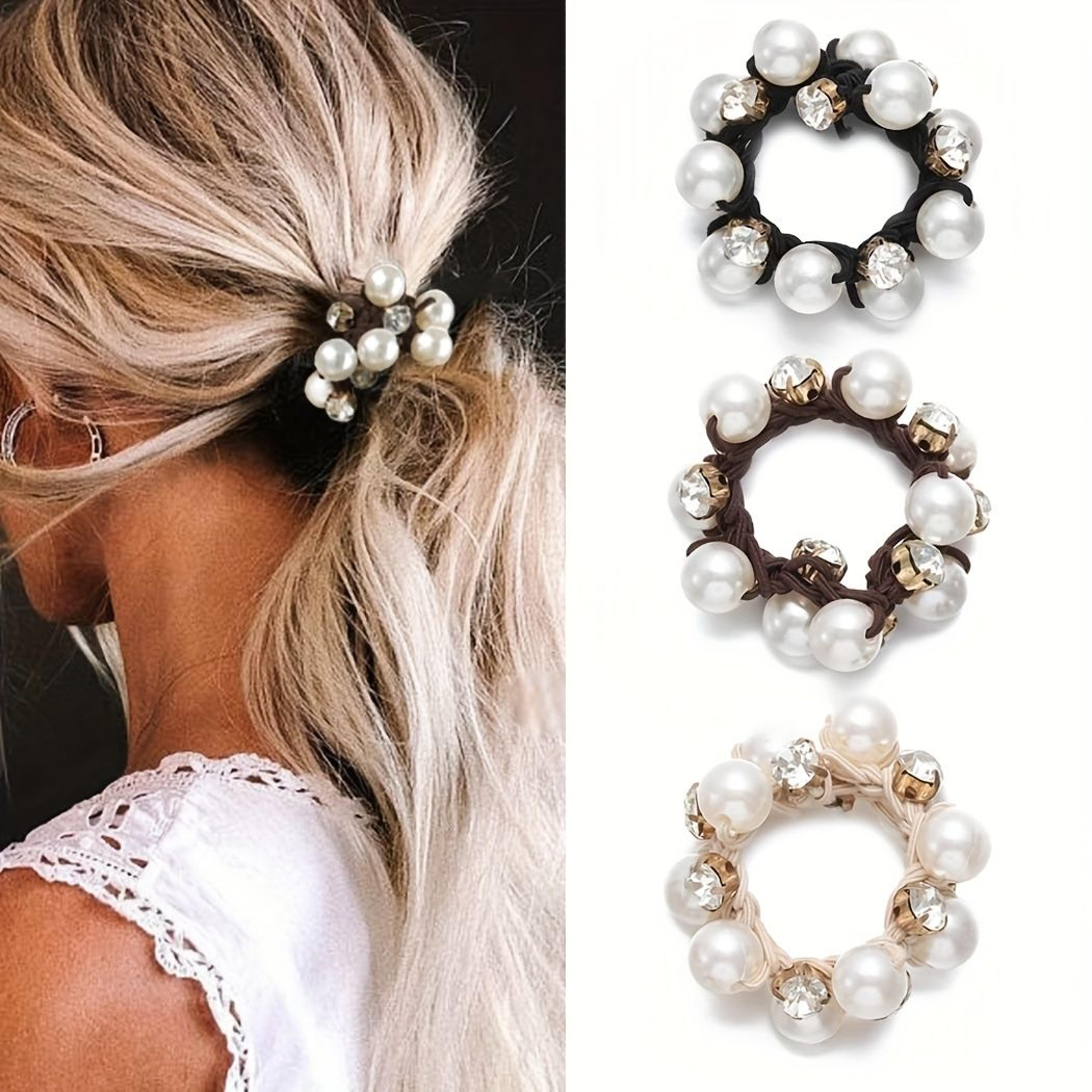elegant pearl hair ties set of 3 with rhinestone scrunchies for women