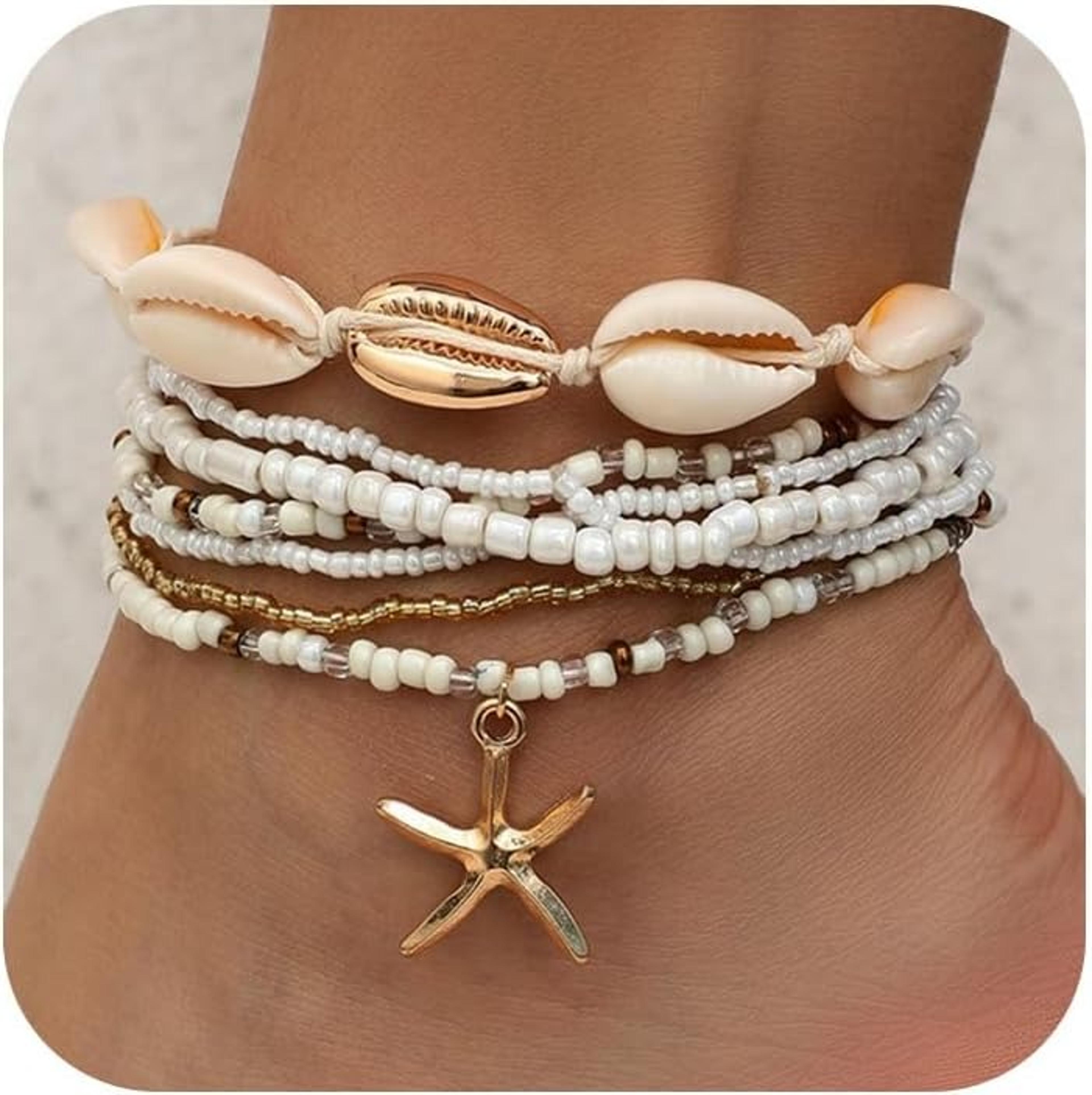 summer boho anklet set for women with shell & starfish charms adjustable gold beach ankle bracelet
