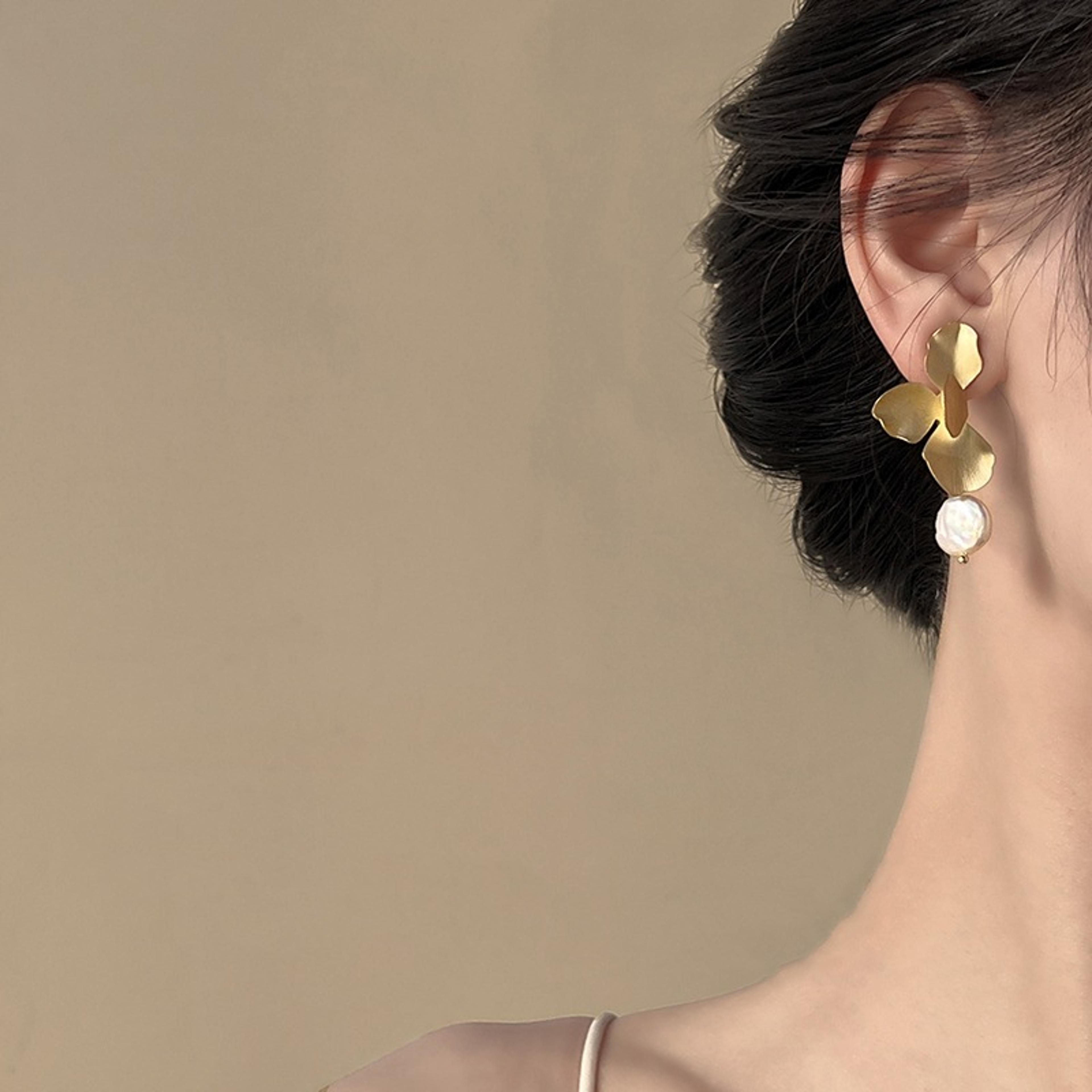retro flower drop earrings with pearl accent gold statement jewelry for women
