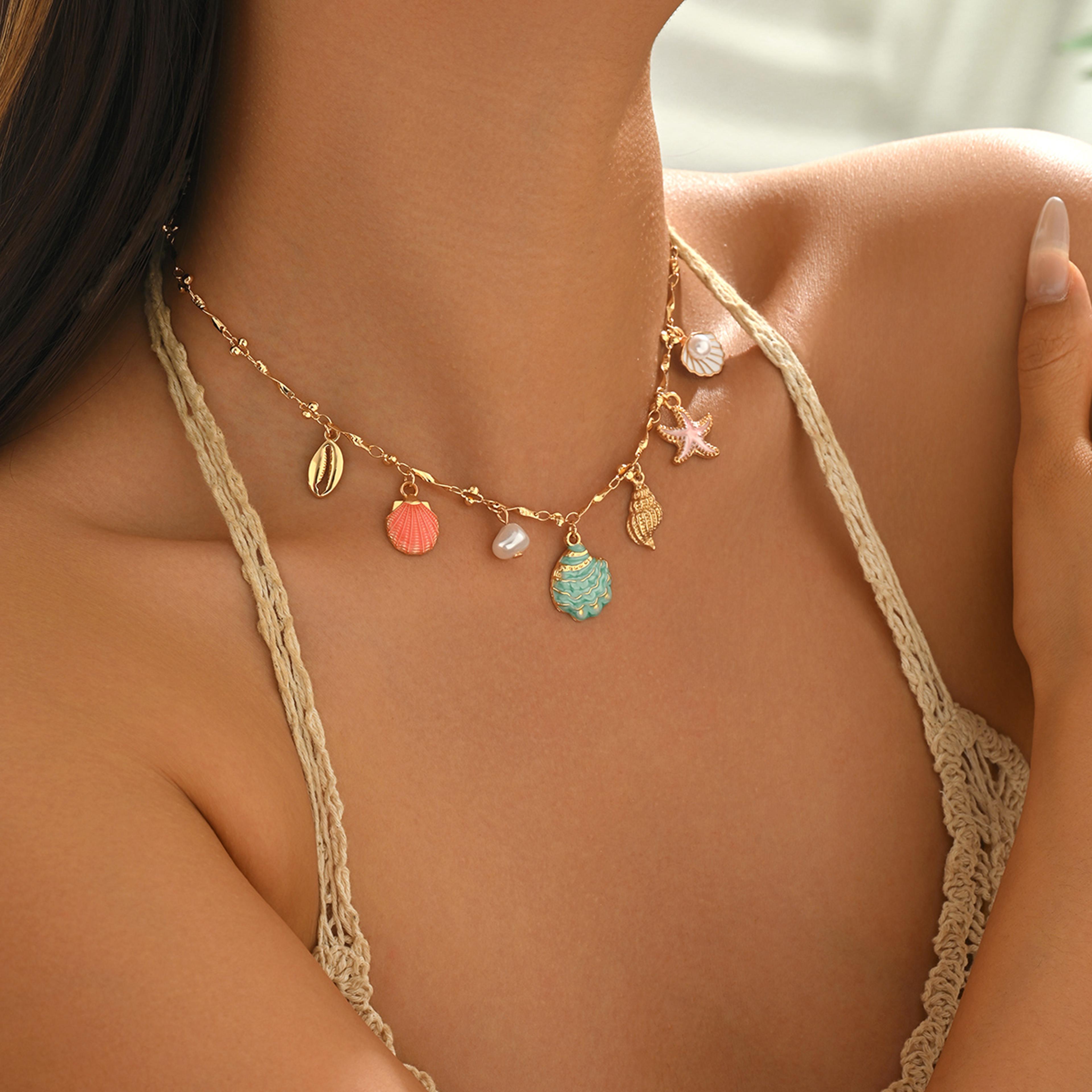 boho choker necklace with shell, starfish & pearl charms adjustable summer beach jewelry
