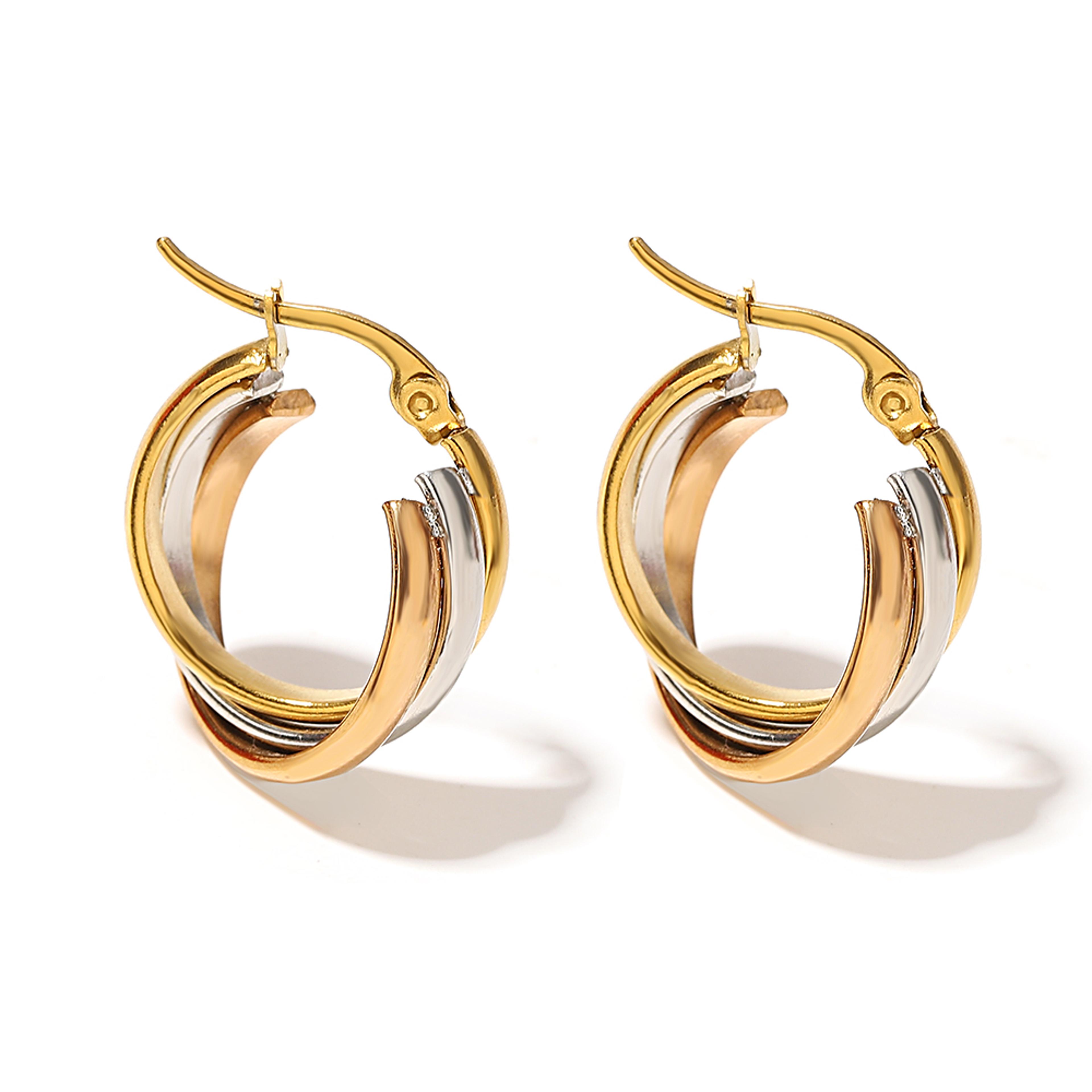 triple tone stainless steel hoop earrings waterproof twisted u shape minimalist hoops for women