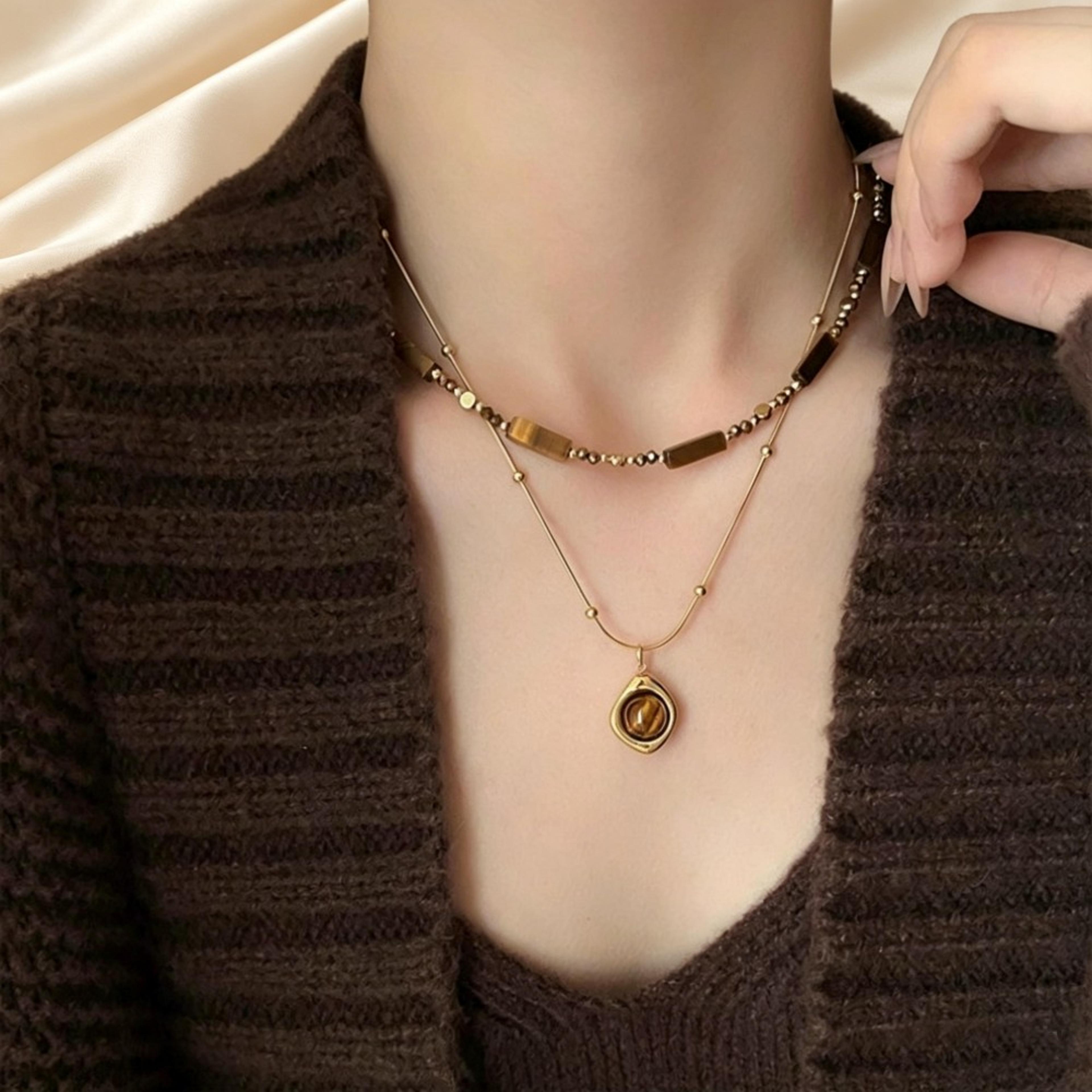 retro tiger eye necklace layered stainless steel necklace with natural stone pendant for women