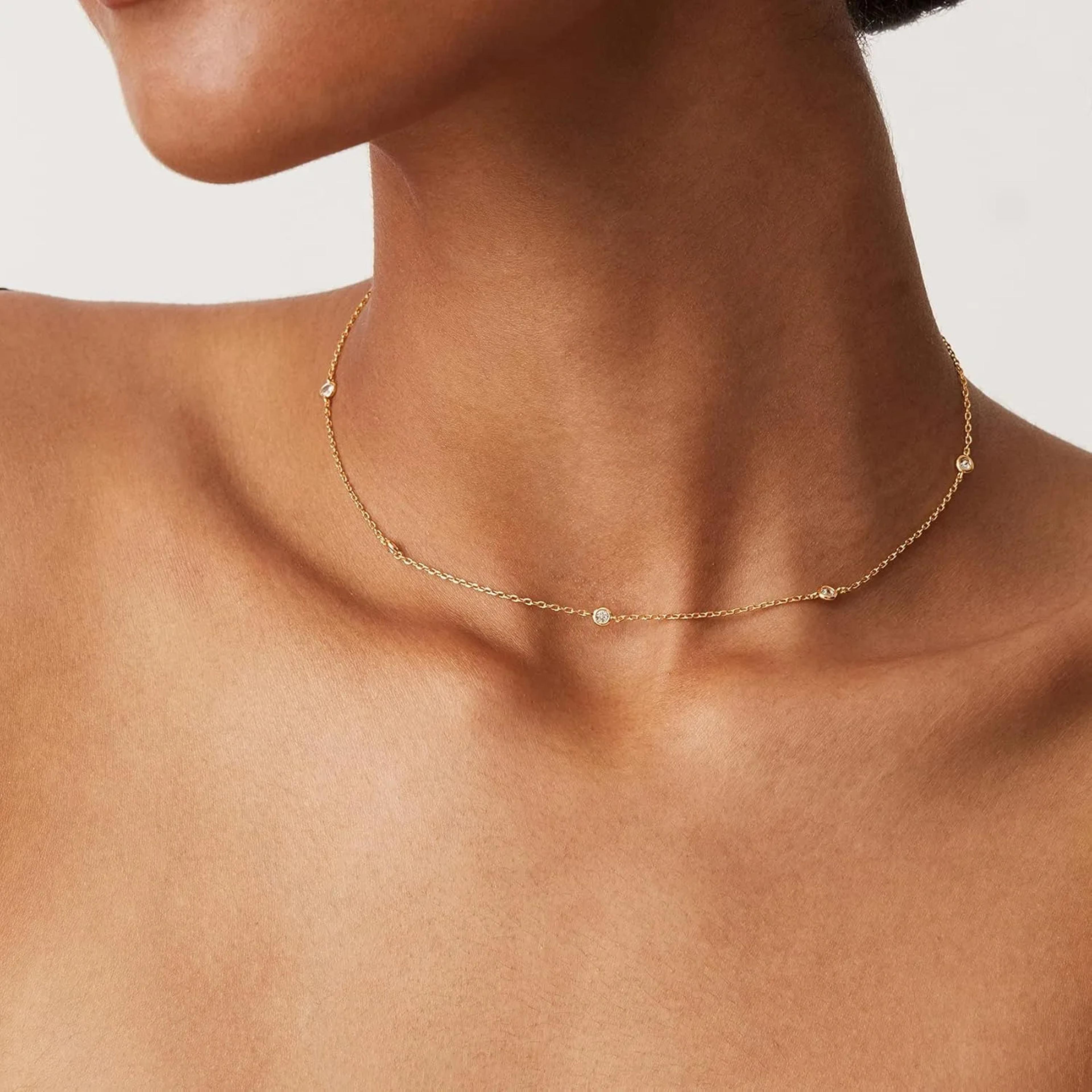 elegant gold plated necklace with cz station chain for women dainty diamond layering jewelry