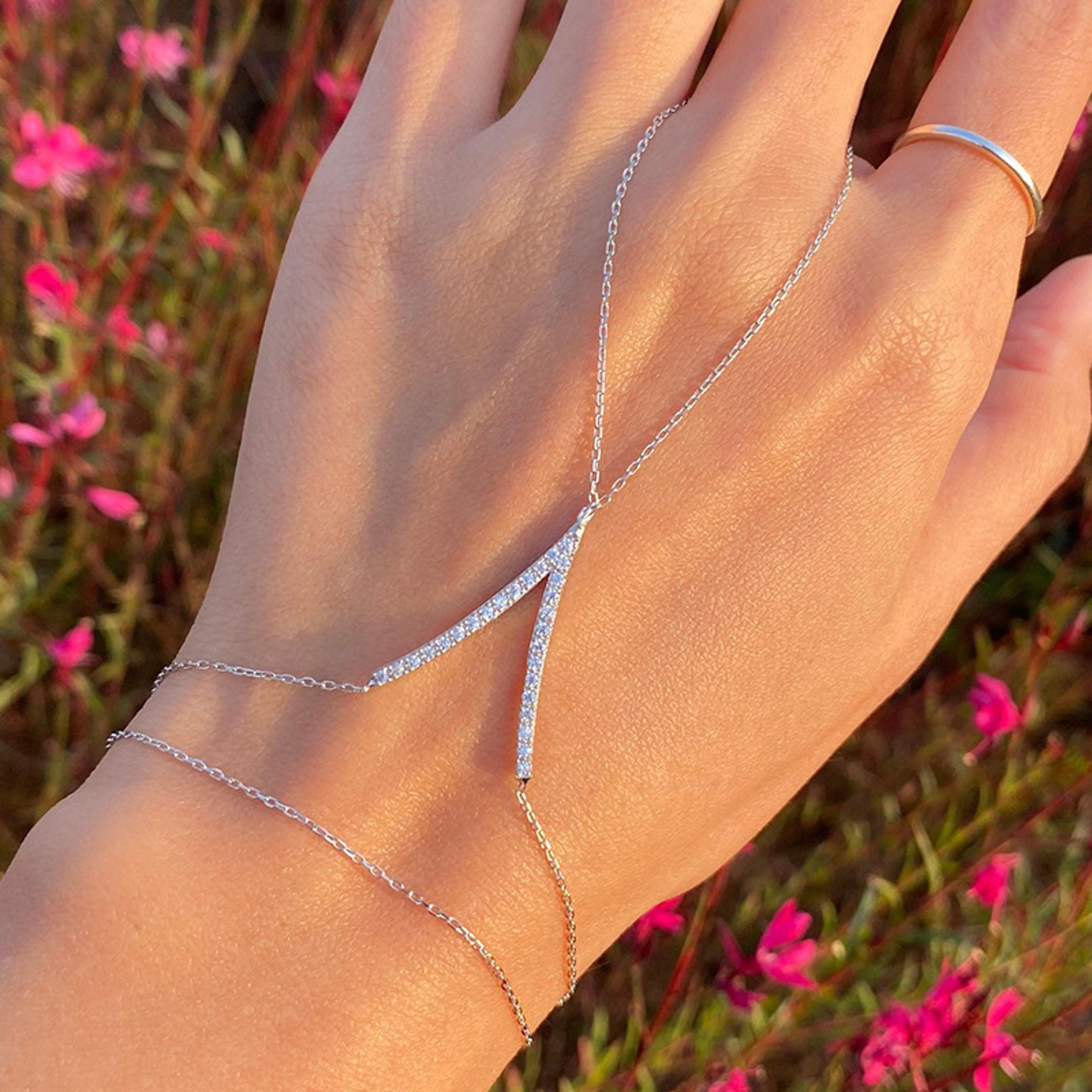 celestial gold hand chain with cz star finger bracelet for women
