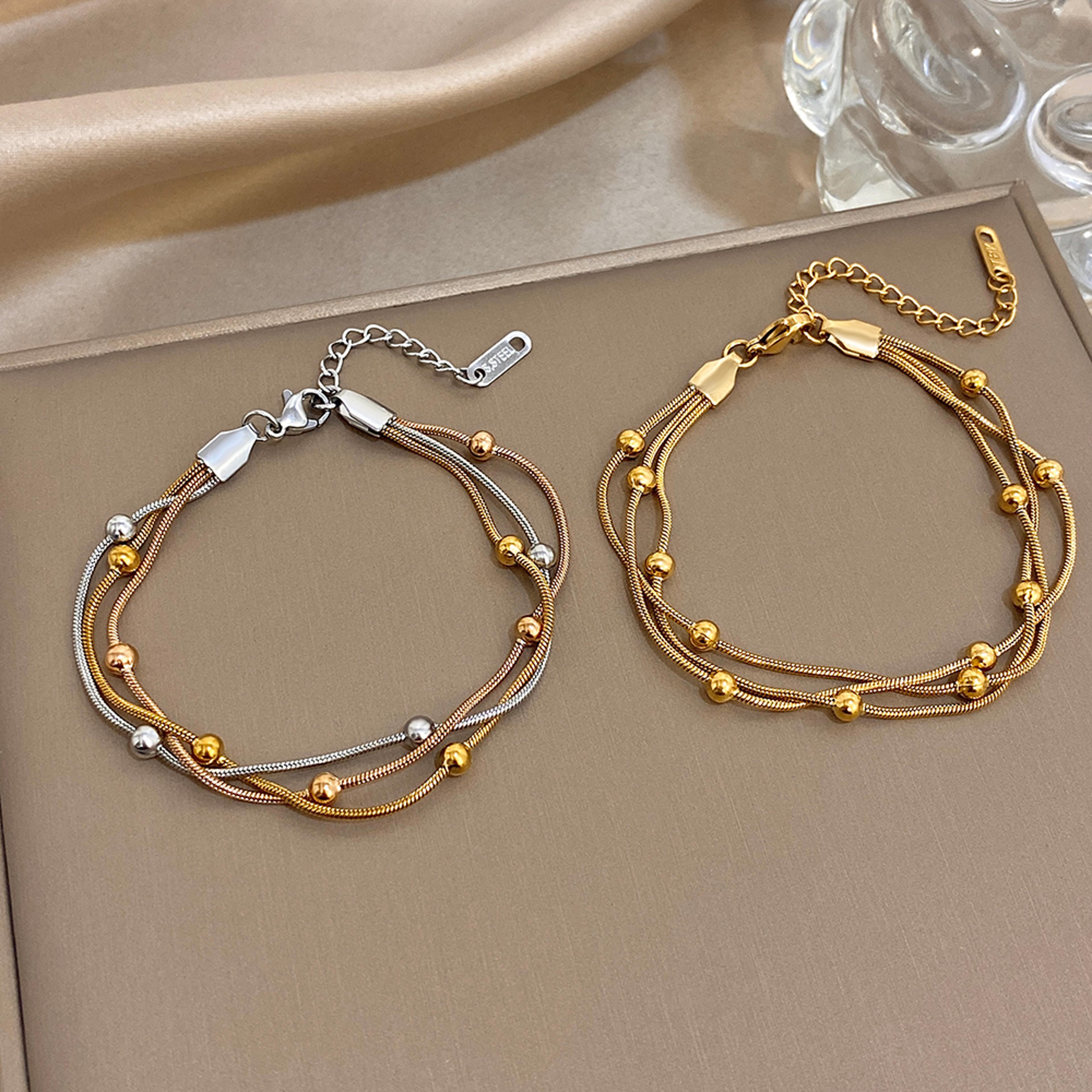 elegant stainless steel bracelet for women adjustable multilayer beaded wrap jewelry