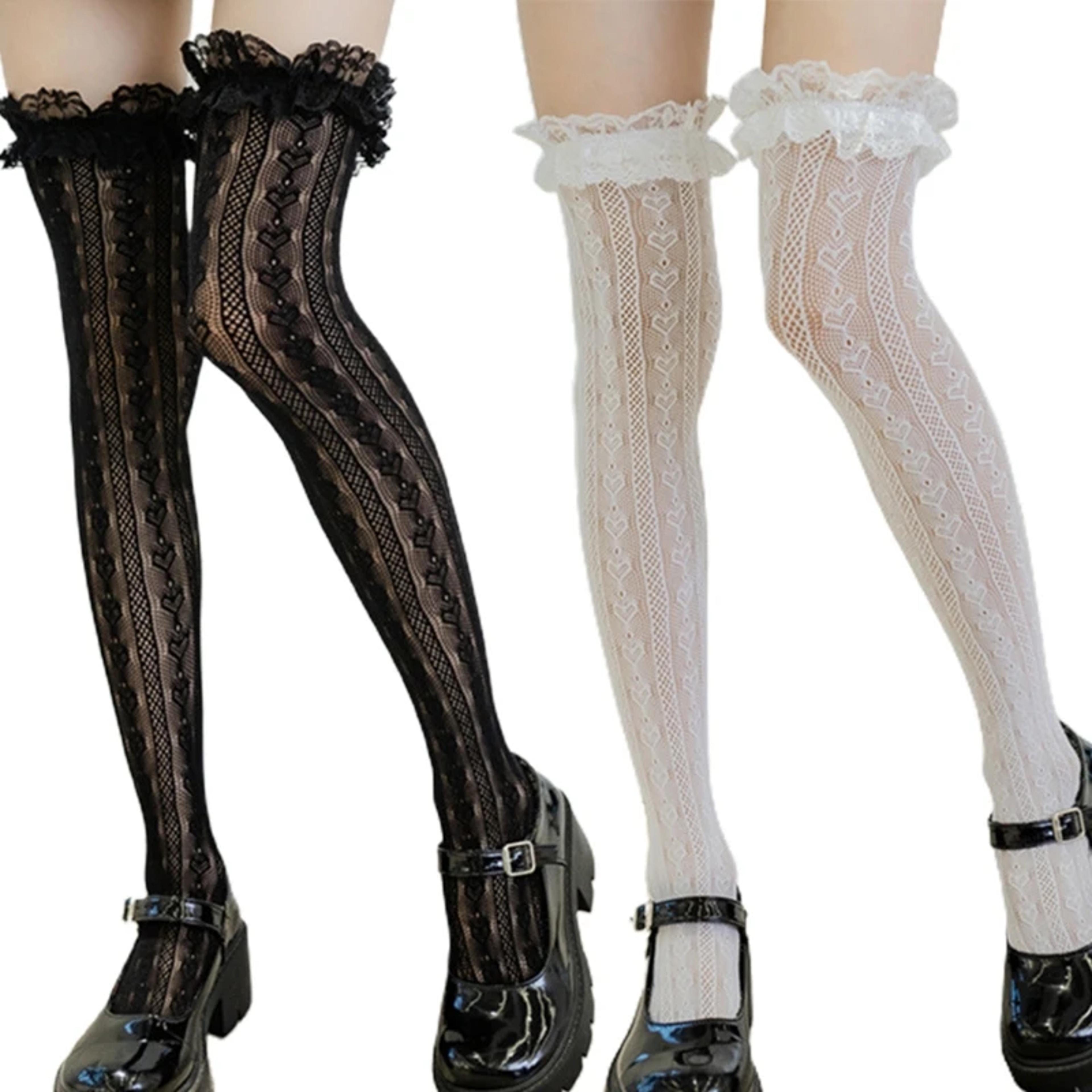 kawaii fishnet thigh high socks with ruffled lace heart pattern over knee lolita stockings