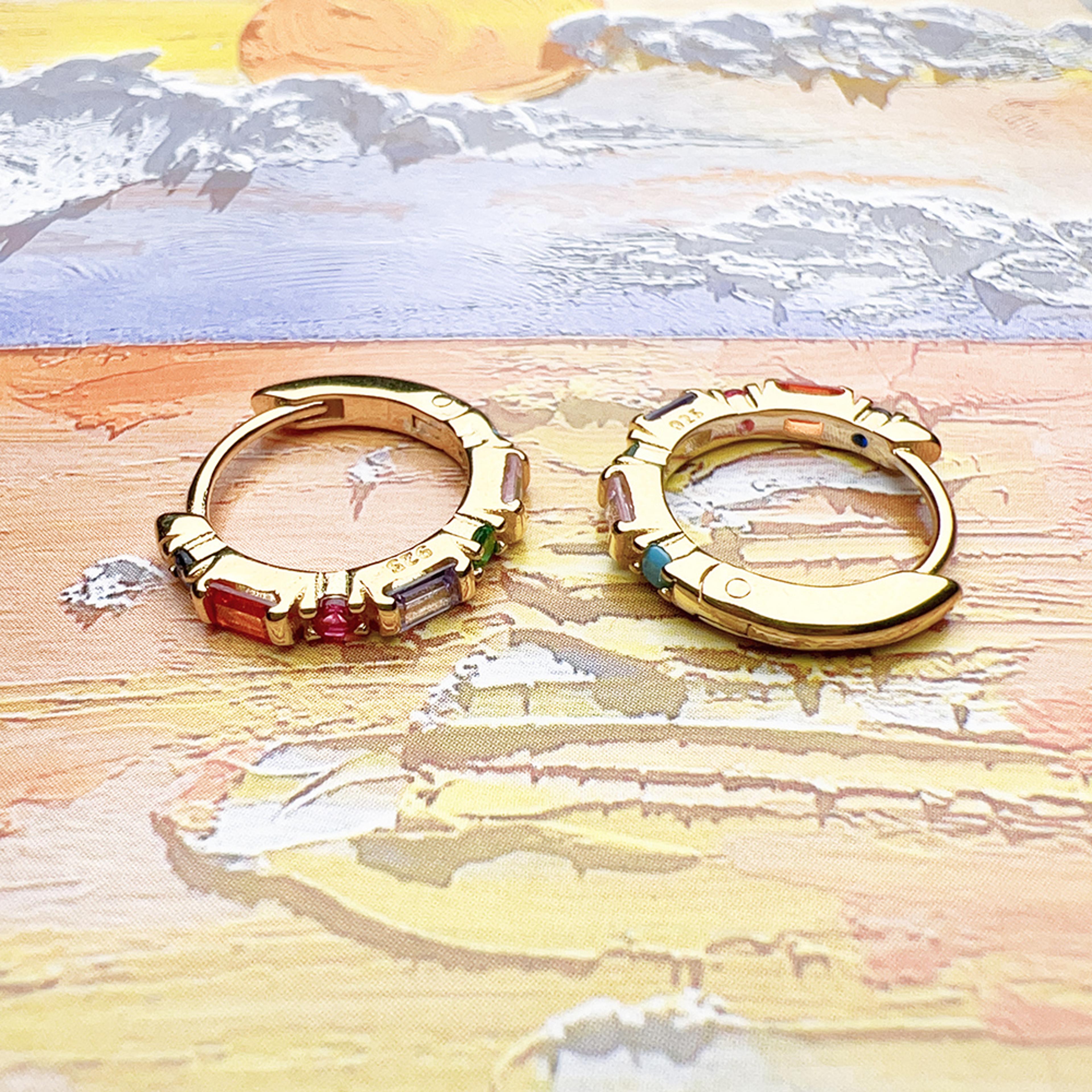 sterling silver hoop earrings with rainbow colorful stones for women