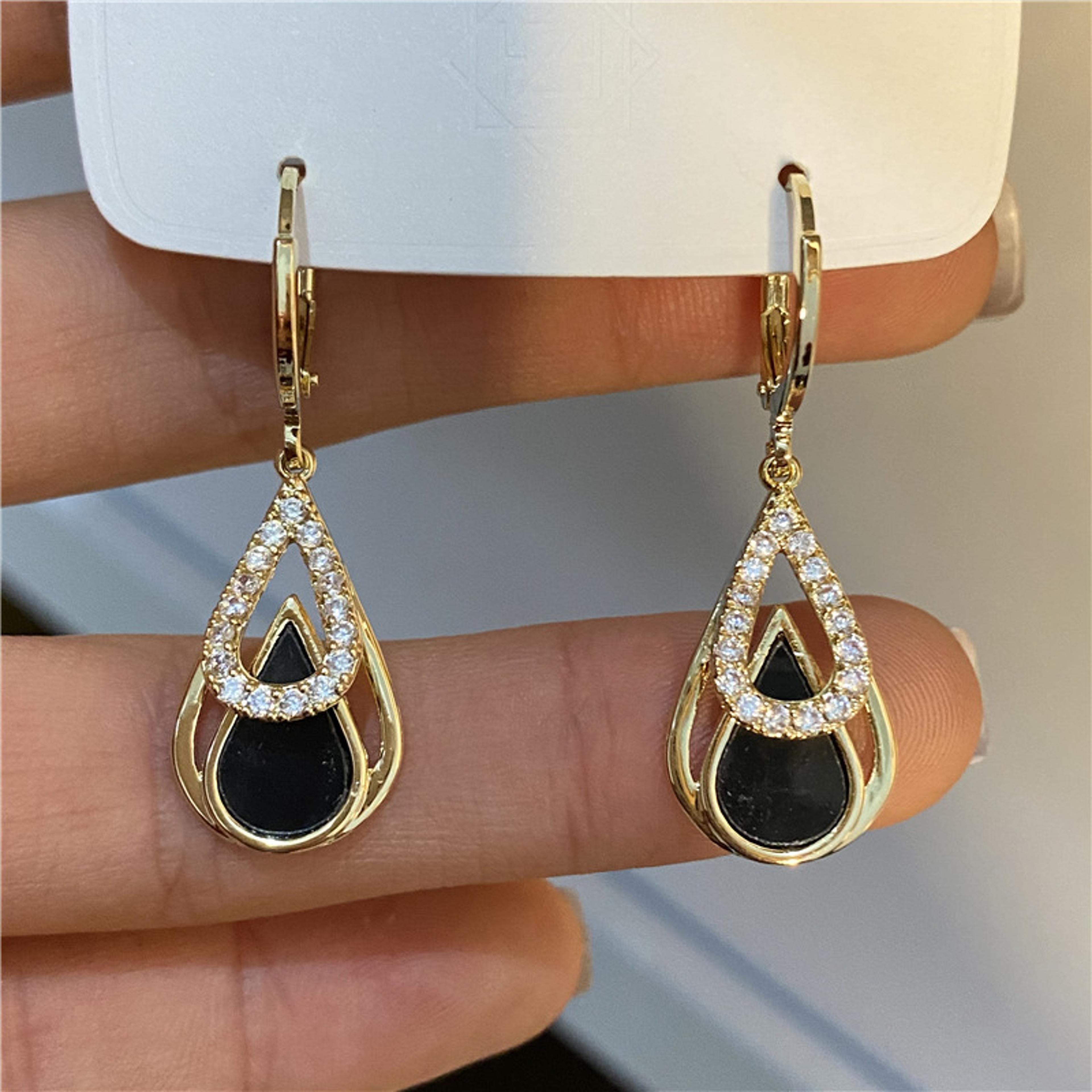 elegant rhinestone dangle earrings for women black enamel gold hoop statement jewelry
