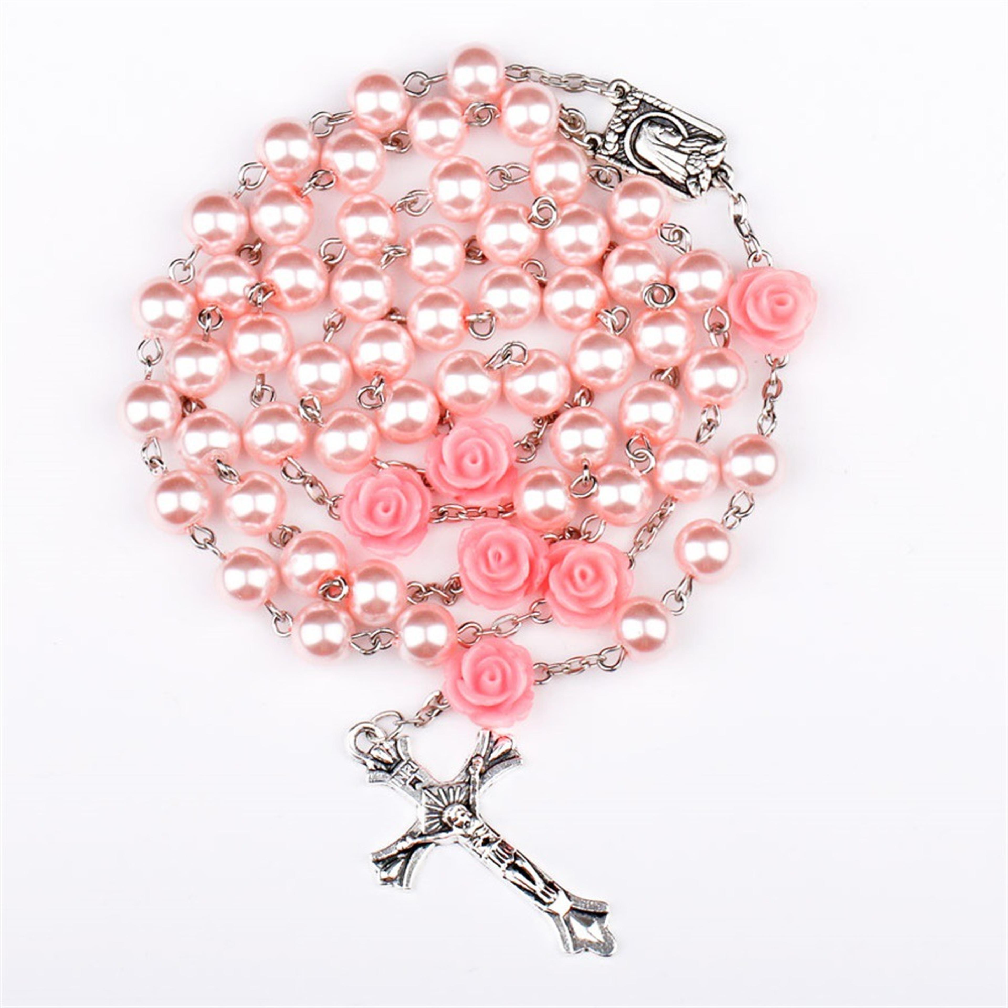 pink rosary necklace with rose glass beads & crucifix cross pendant for prayer and everyday faith