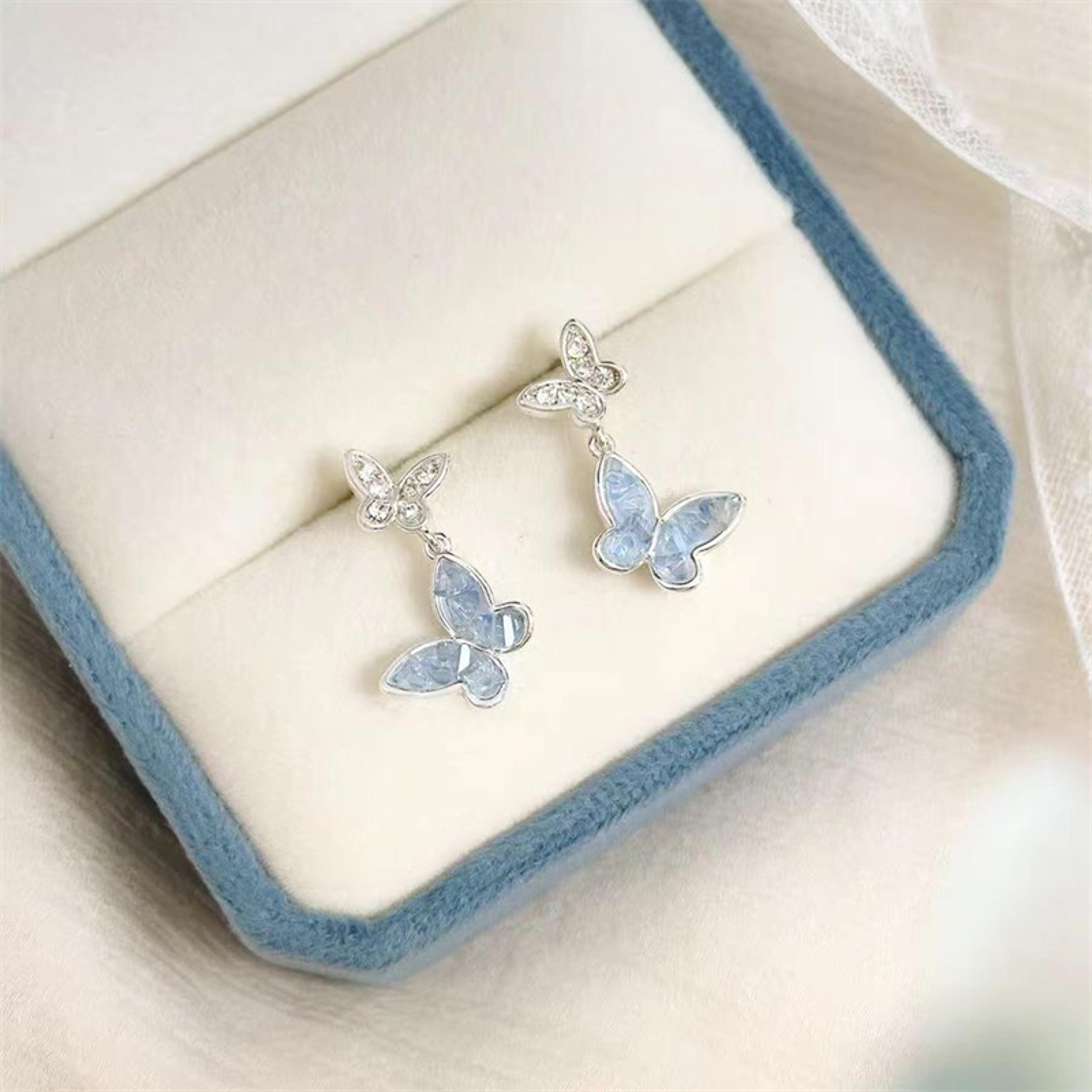 luxury butterfly stud earrings with blue zircon double crystal design for women