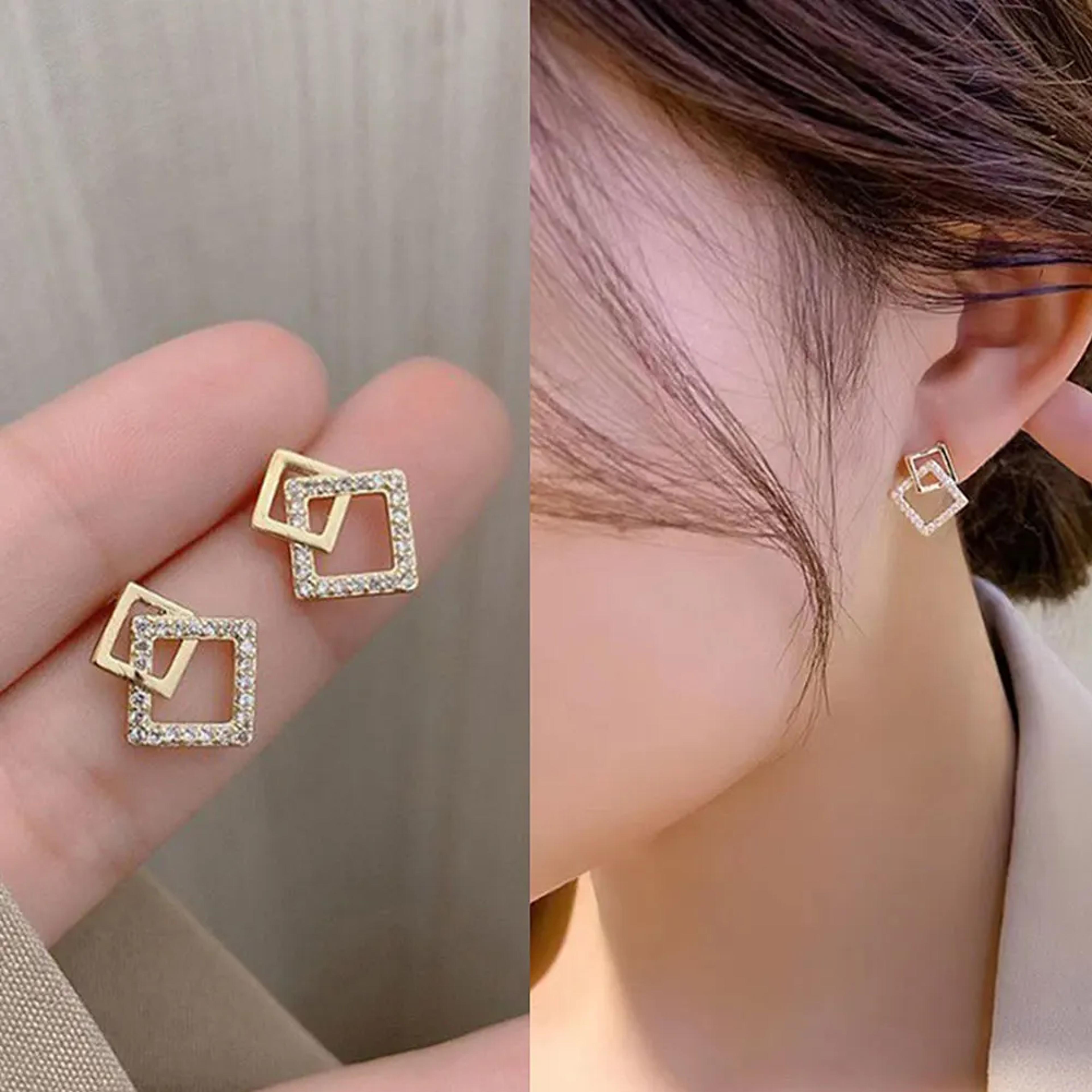 luxury square earrings geometric rhinestone studs for women