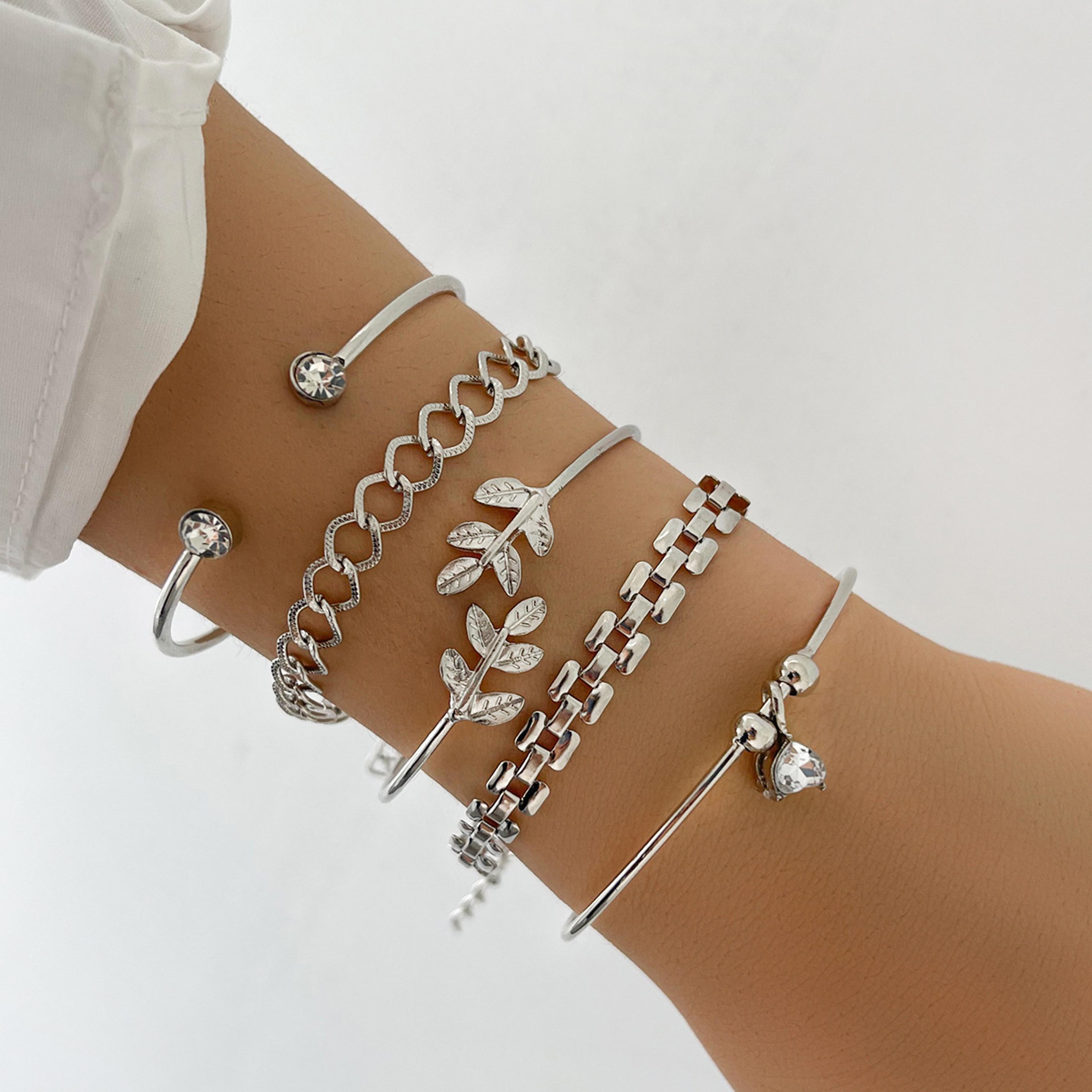 bracelet set for women with silver cuff bracelet & crystal leaf layered bangles