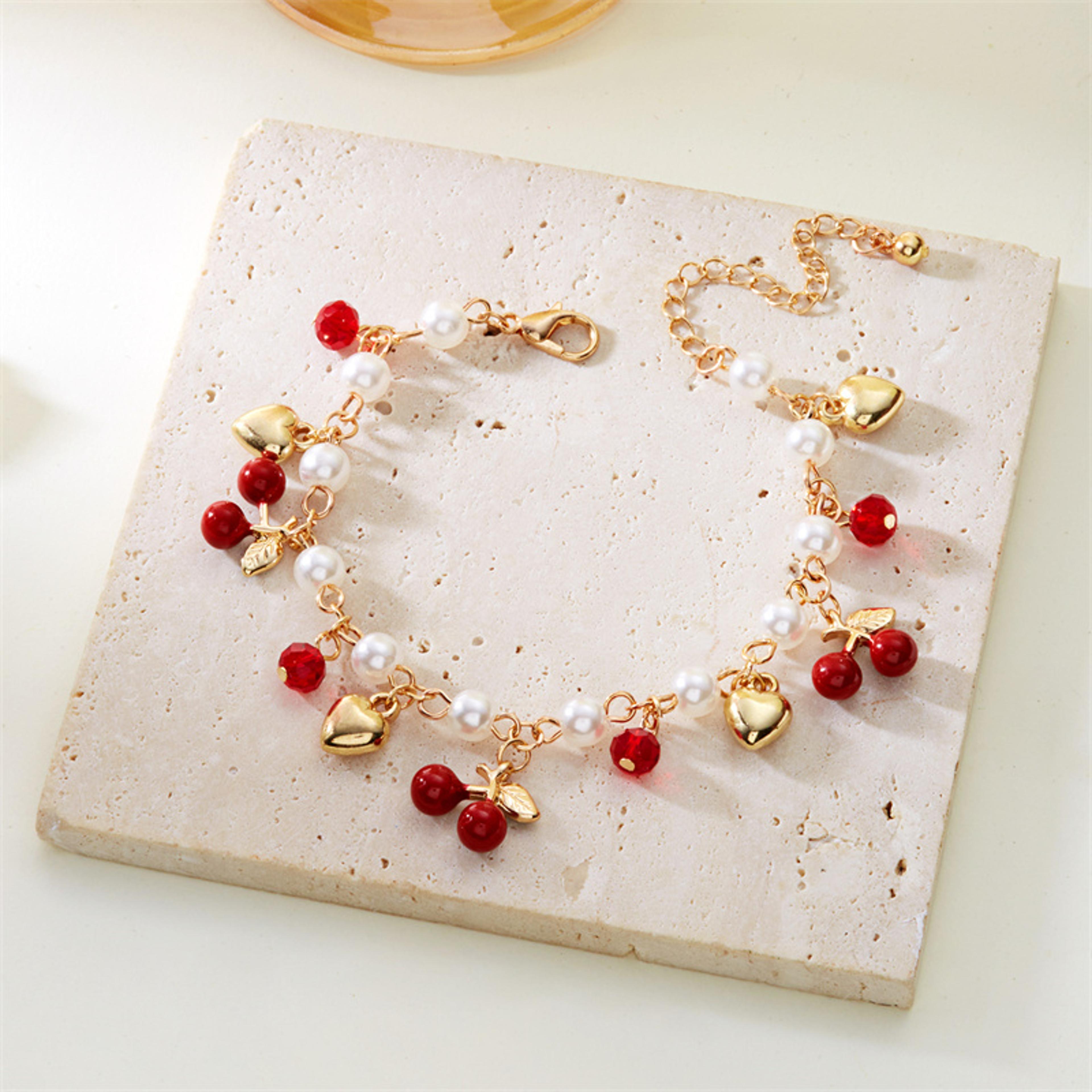 sweet cherry charm bracelet with strawberry, heart & pearl charms gold bracelet for women