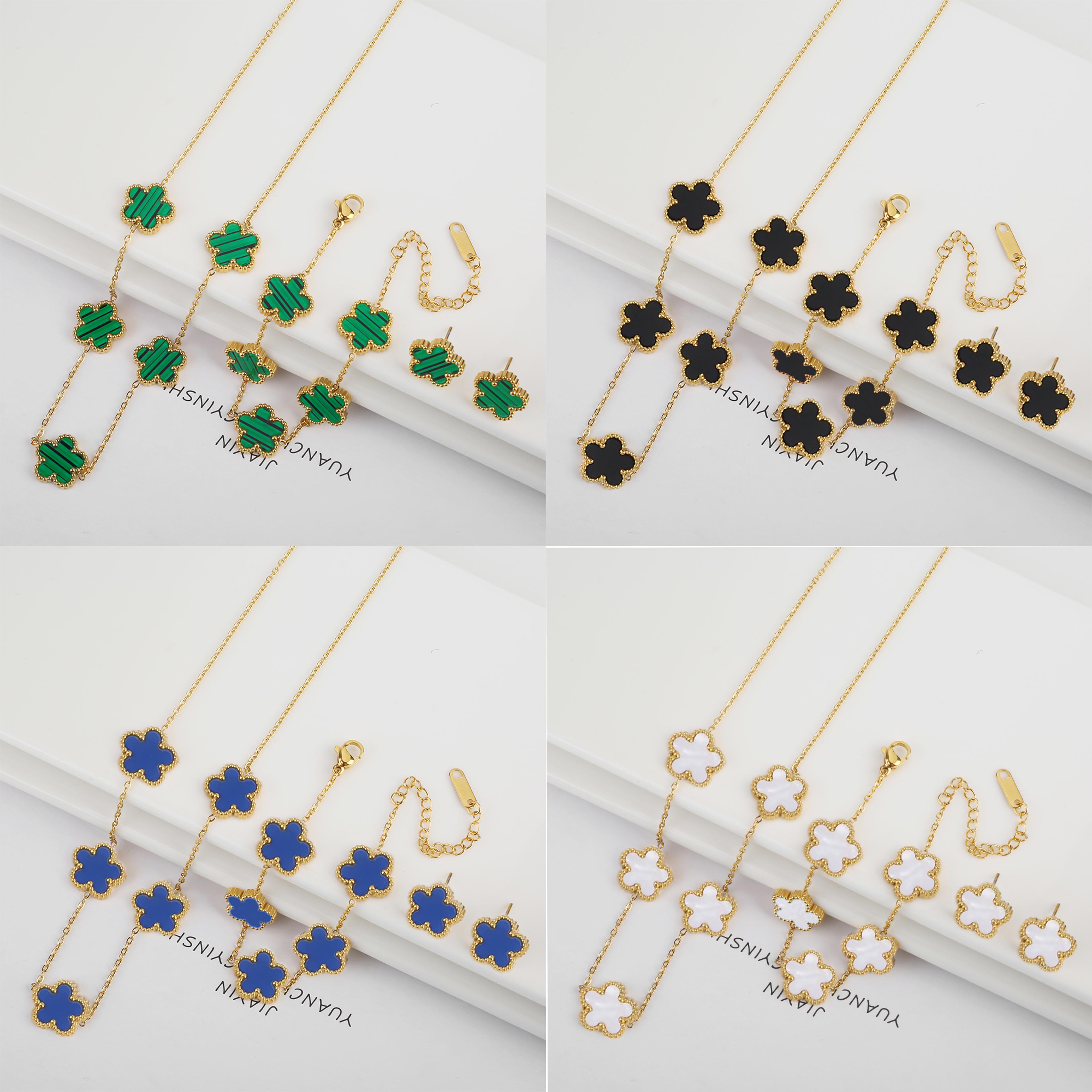 elegant stainless steel jewelry set with five leaf flower necklace, bracelet & earrings for women