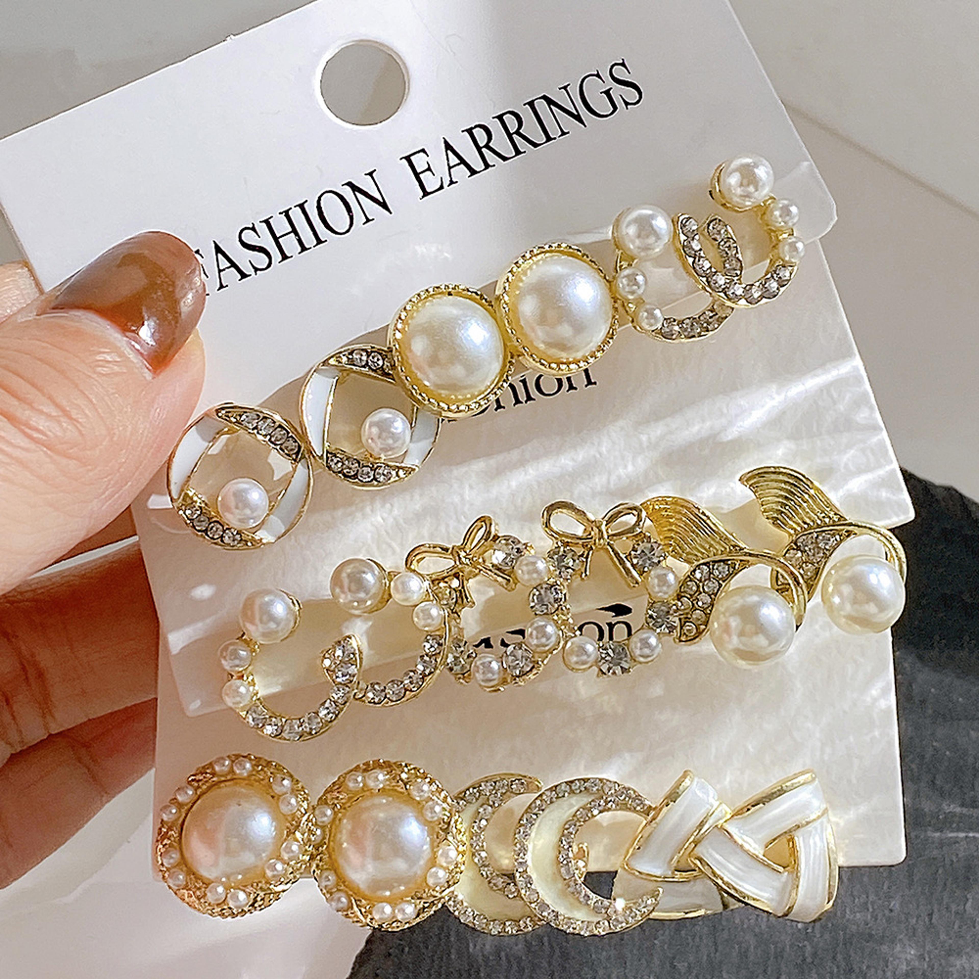 bow pearl earrings gold crystal moon dangle earrings for women