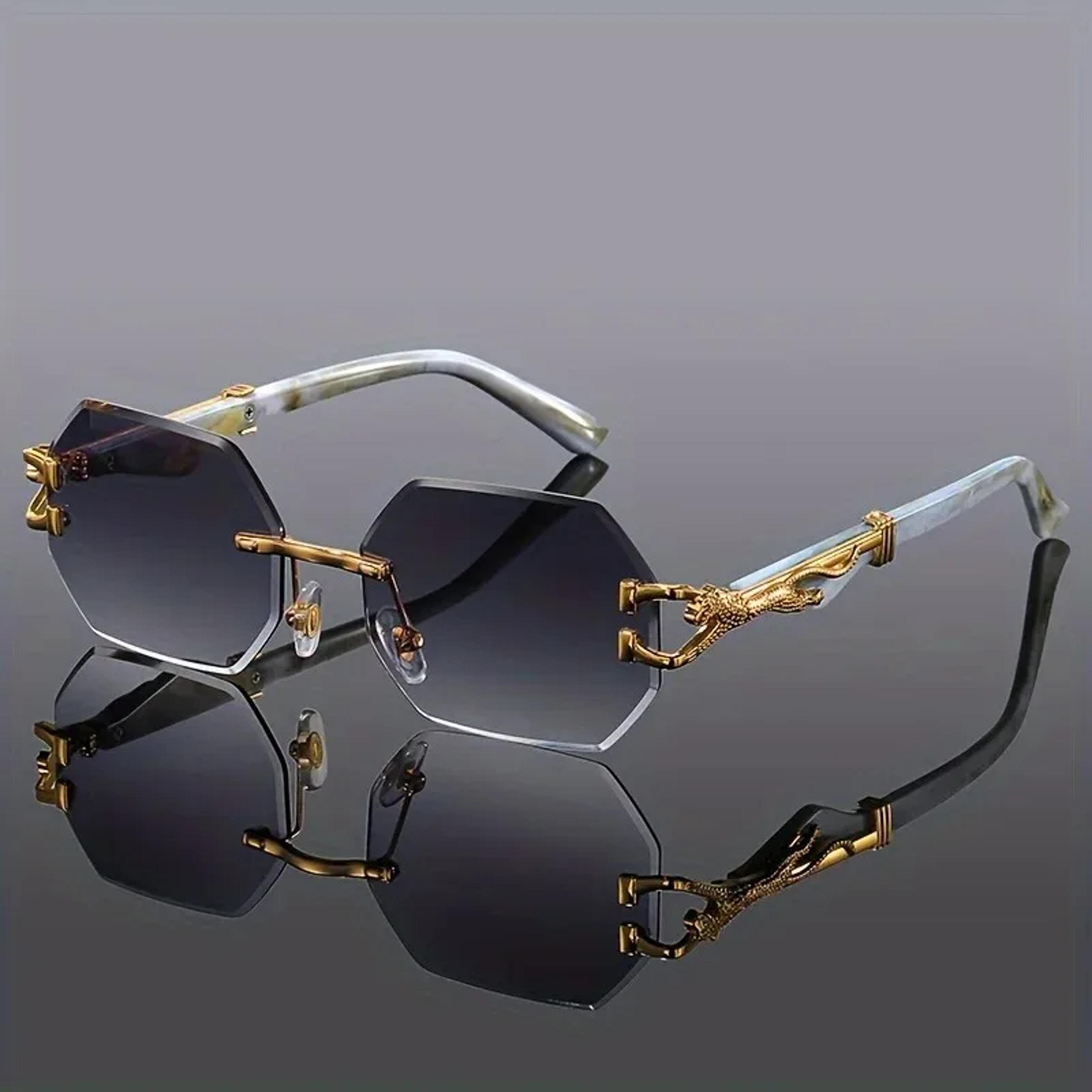 vintage rimless sunglasses polygon metal frame unisex fashion shades with leopard temples