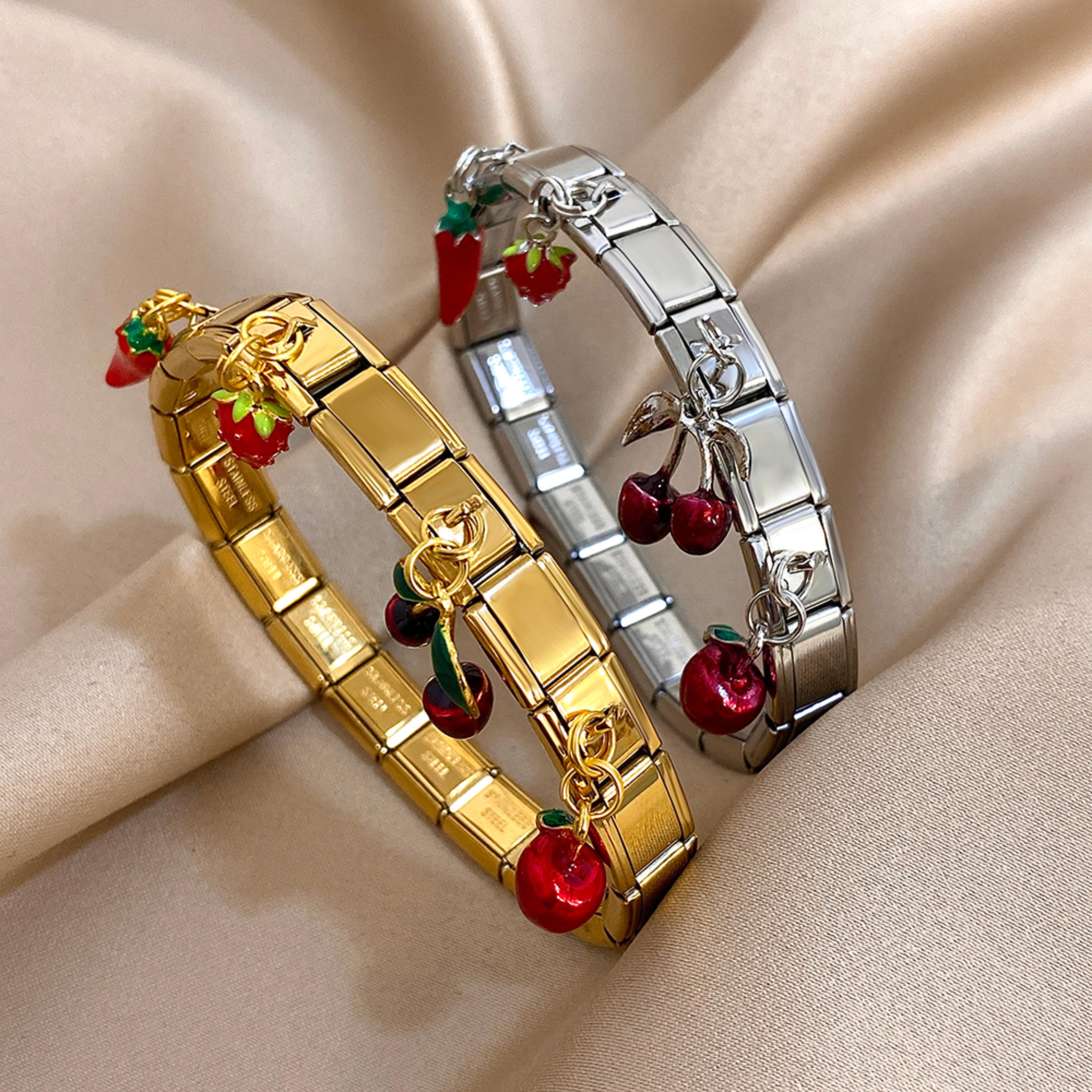 geometric stainless steel bracelet with fruit charm elastic cuff for women