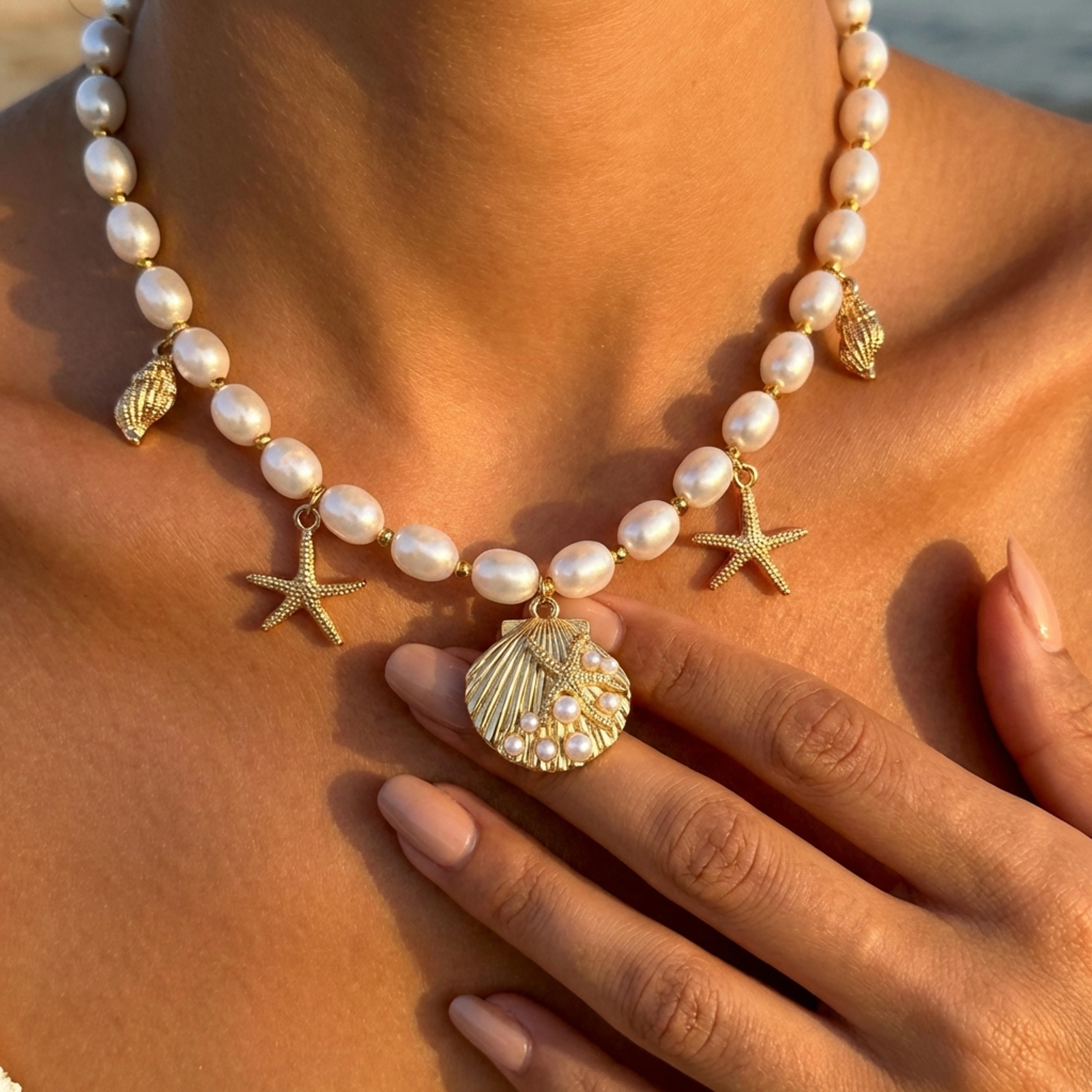 boho pearl choker with gold shell starfish pendant beach necklace for women
