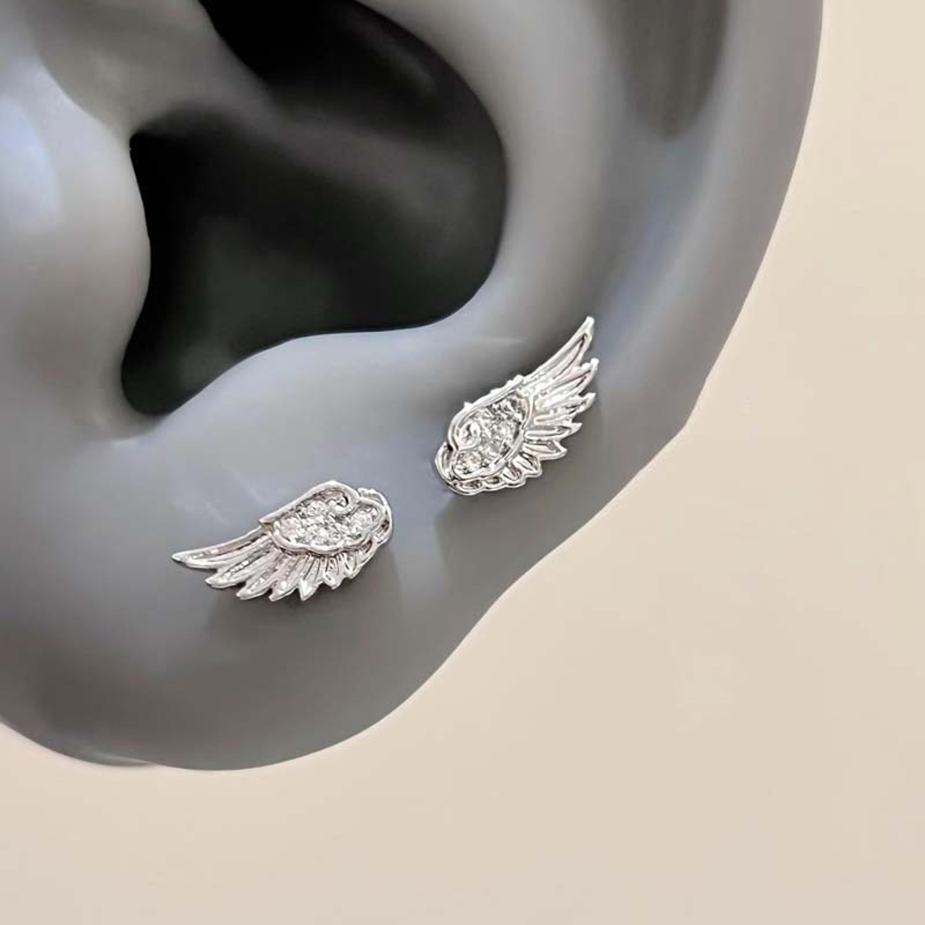 silver wing stud earrings with sparkling zircon crystal for women